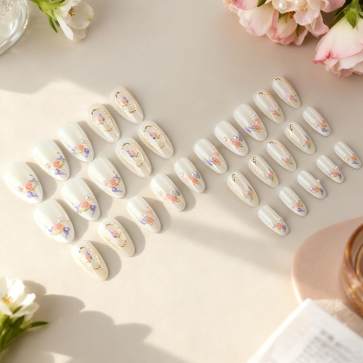 Spring Flower Press on False Nails White French Tip Fake Nails Medium Almond Glue on Nails with Retro Flower, Gold Striped, 3D Pearl Designs Press ons Stick on Nail for Women Manicure 30Pcs