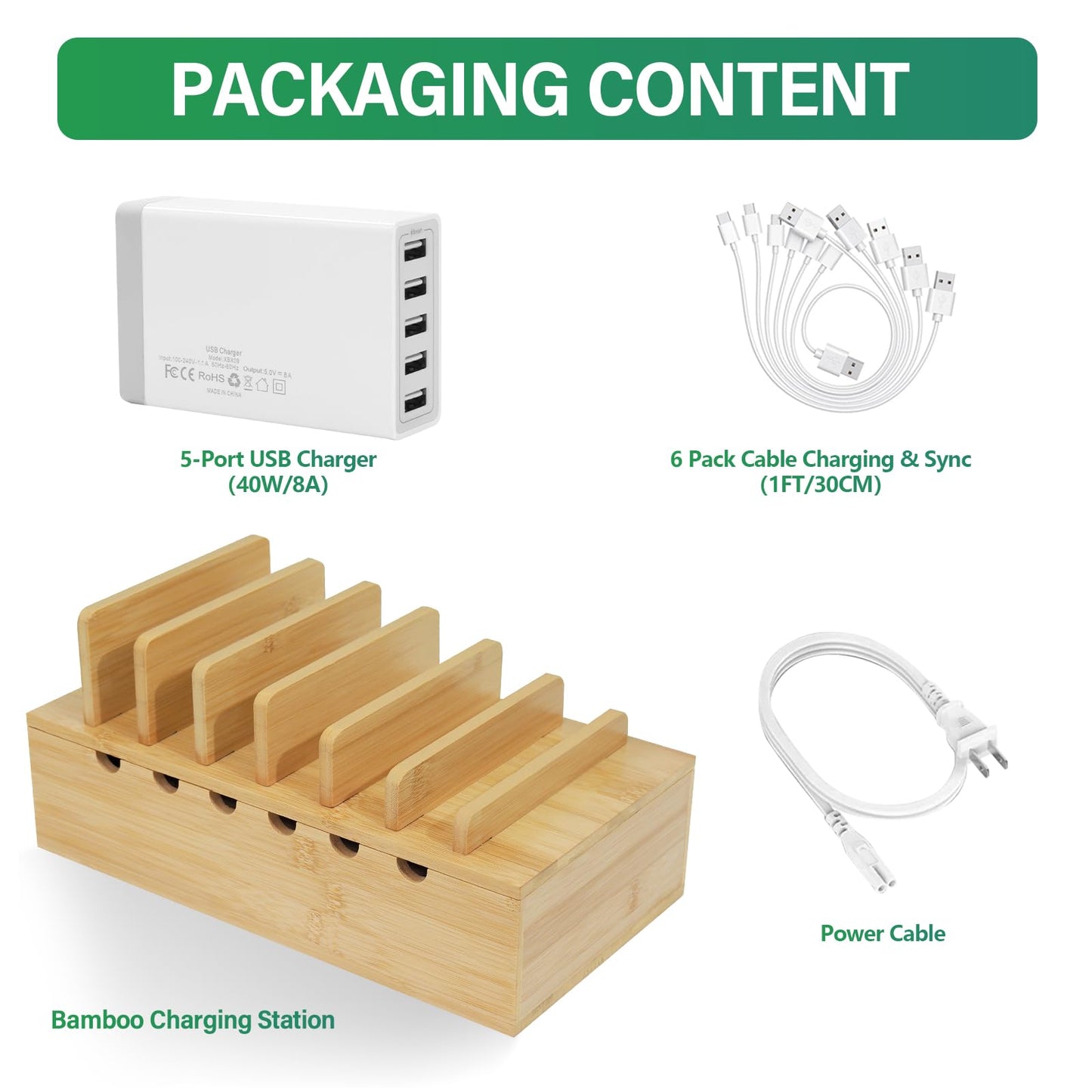 LEOKKARR Bamboo Charging Station for Multiple Devices (Includes 5 Port USB Charger, 6 x Charge Cables), Upgrade Desk Docking Stations Organizer for iPhone Devices, Tablets, Laptop Holder Stand