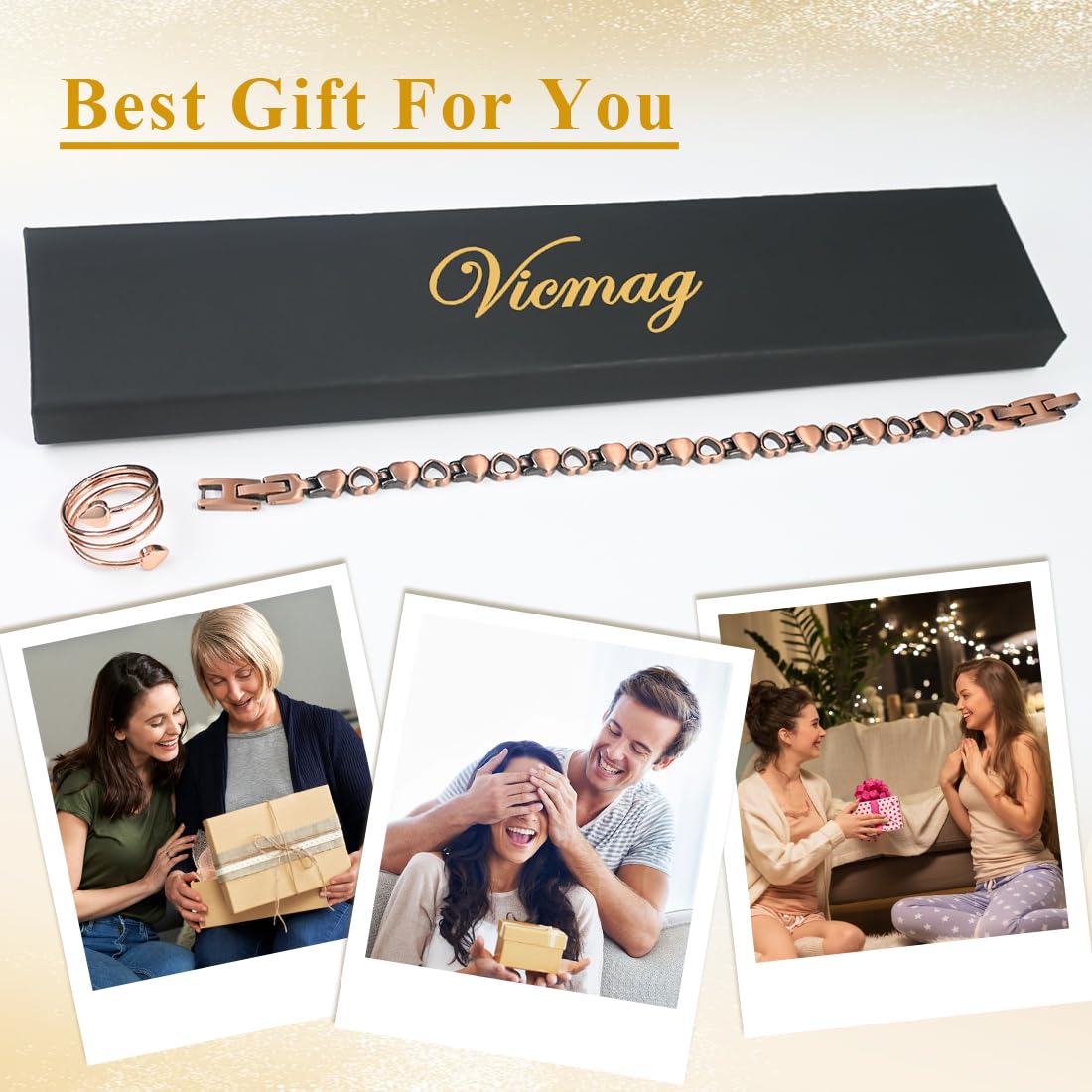 Vicmag Copper Bracelet for Women, Strength Magnetic Copper Bracelets 99.9% Solid Pure Copper Jewelry Valentine's Day Gift for Her (Adjustable Size with Gift Box)