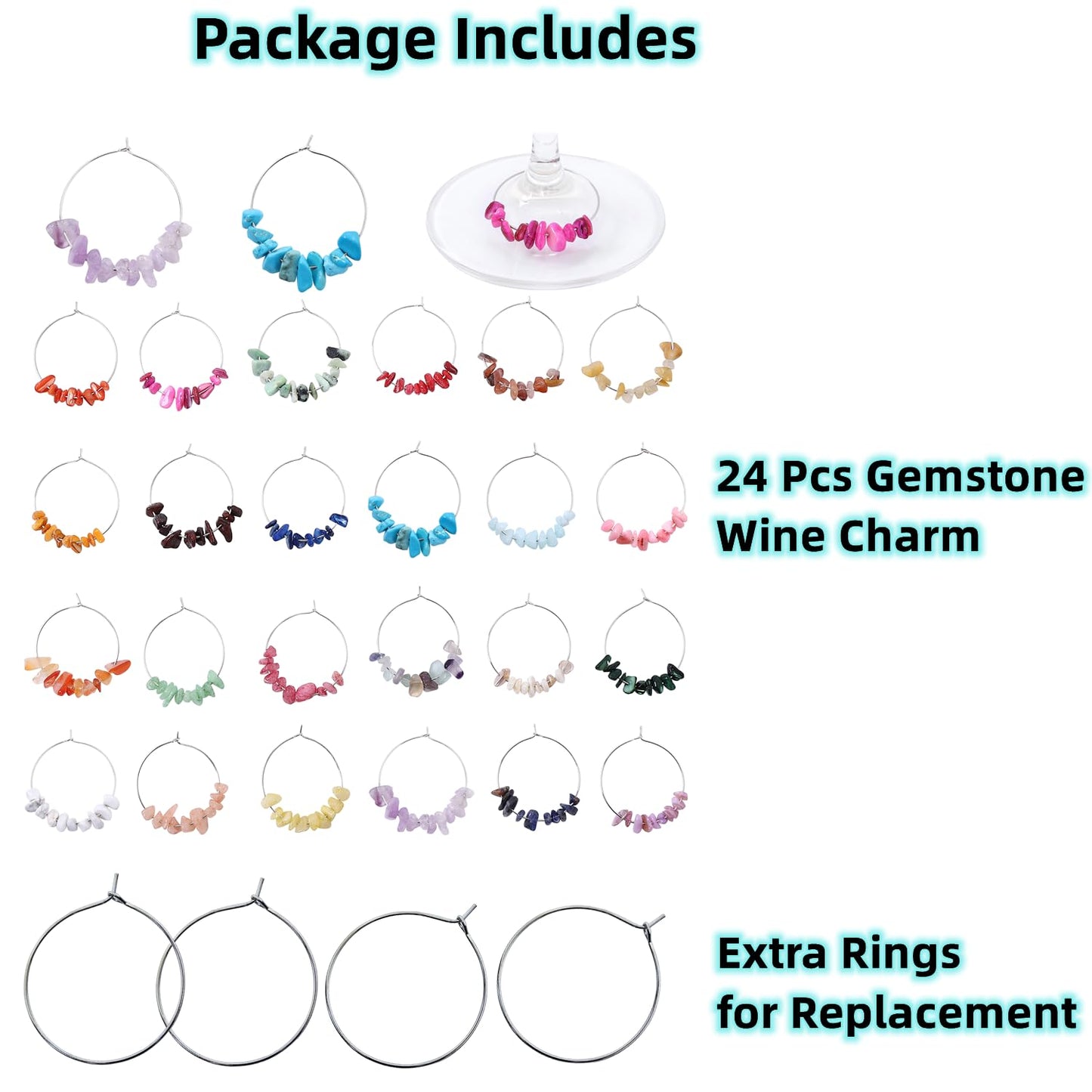 Pride & Par 24 Pcs Nature Gemstone Beads Glass Charms for Stem Glasses, Wine Glass Decoration for Weddings, Parties