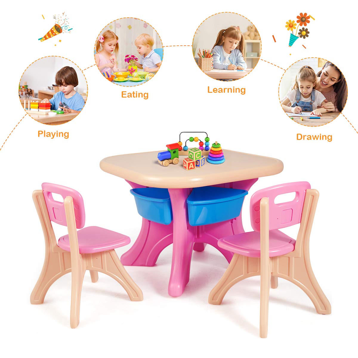 KOTEK Kids Table and Chair Set with Storage Bin, 3 Piece Activity Table Set with 2 Chairs for Toddler, Children Art Crafts Study Desk for Reading, Drawing, Painting (Pink)