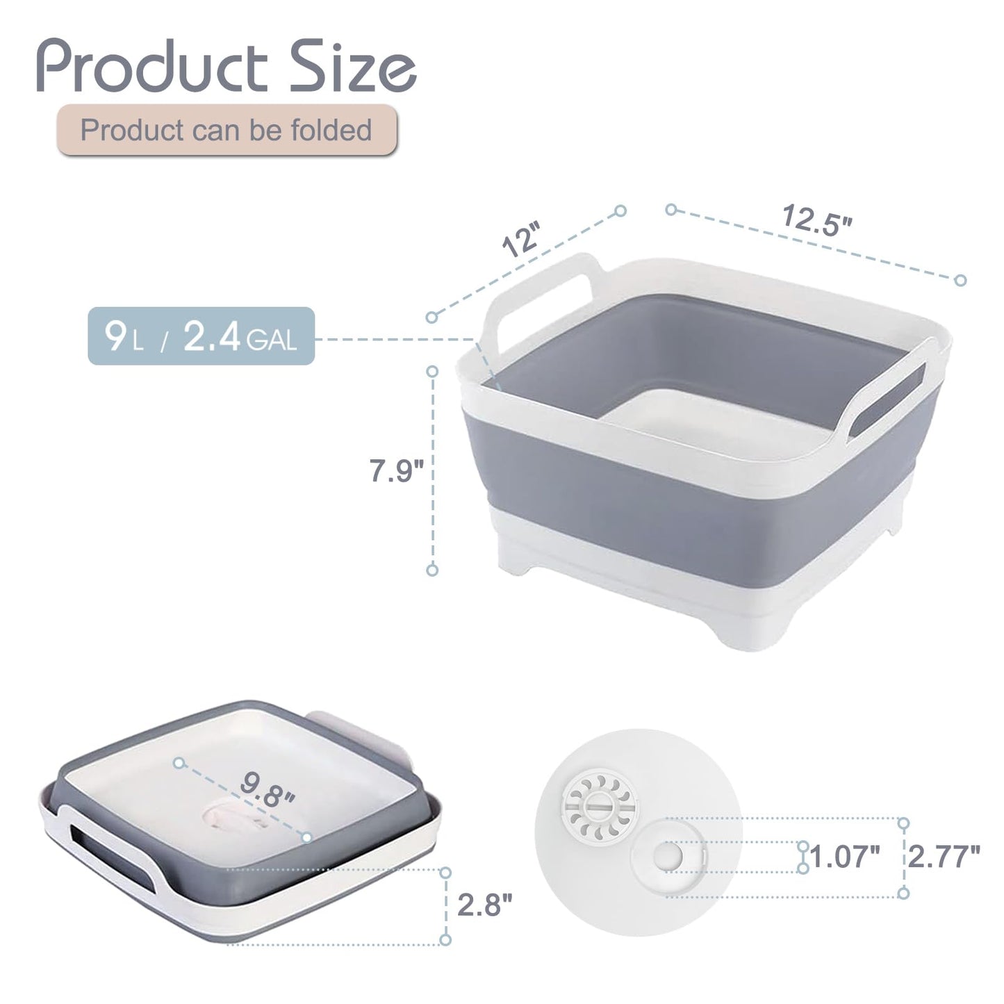 2.4 Gal(9L) Collapsible Dish Basin with Drain Plug, Space Saving Outdoor Multiuse Foldable Sink Tub, Dishpan, Kitchen Storage Tray for Camping, Vegetable Washing, RV (Gray)