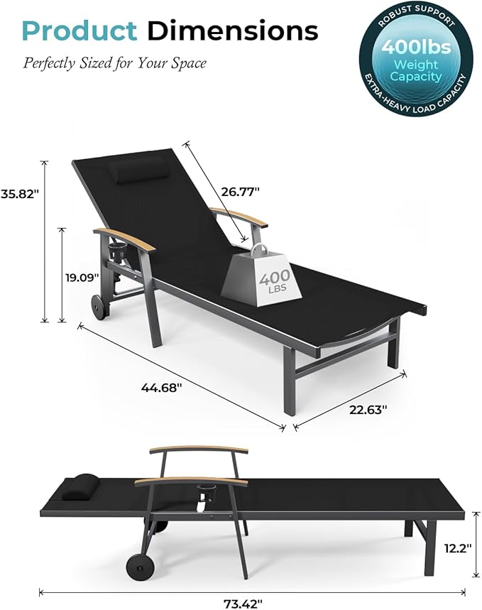 Ciokea Outdoor Lounge Chair with Pillow Set of 2, 5-Position Aluminum Chaise Lounge with Wheels & Armrests, 400 lbs Heavy Duty Patio Pool Chair for Backyard, Deck, Beach & Poolside, Black