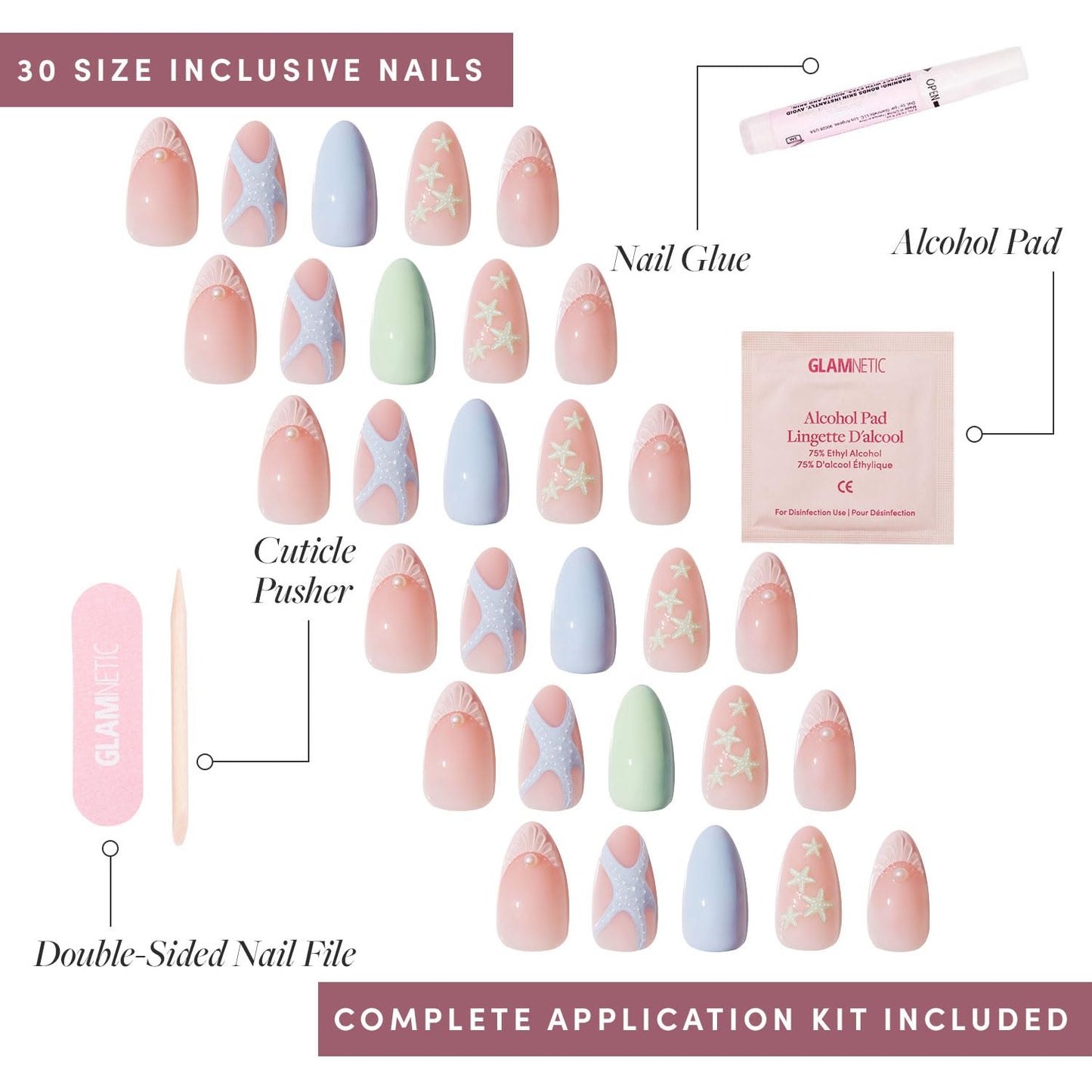Glamnetic Press On Nails - Salty Waves | Short Almond Starfish Fake Nails with 3D Nail Art, Salon Quality Summer Nails | 15 Sizes - 30 Nail Kit with Glue