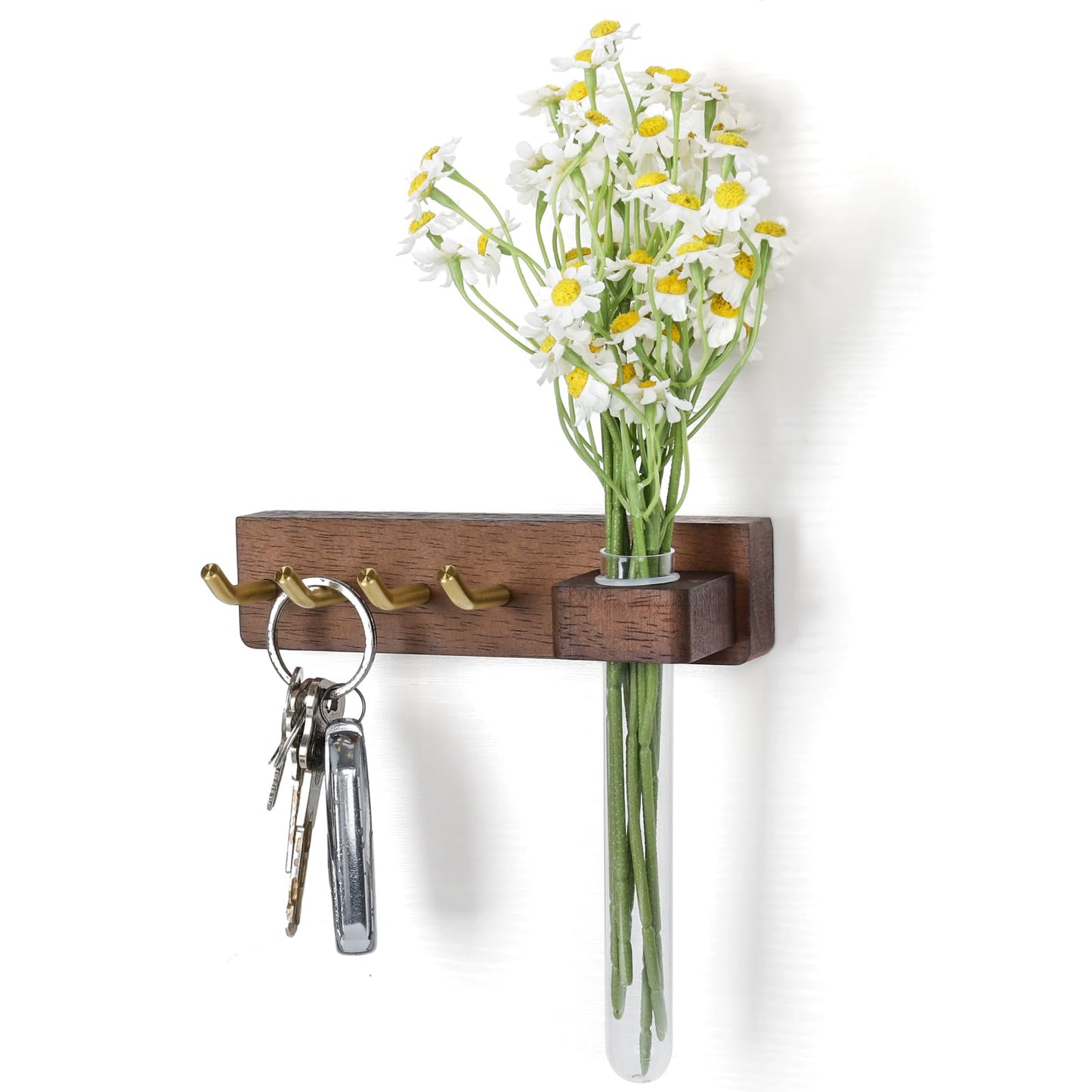 LEIRUOTM Key Holder Wall Mount, Solid Wood Key Holder for Wall with Planter Tube & 4 Brass Hooks, Decorative Renter-Friendly Wall Key Rack Hanger for Entryway Kitchen Living Room Car Keys
