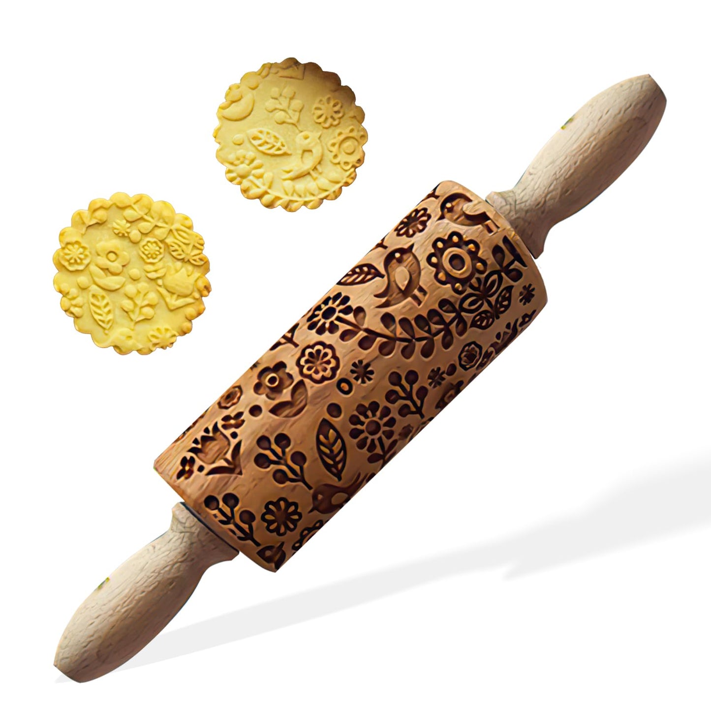 Deep Engraved Bird & Flower Rolling Pin – Embossed Cookie, Clay & Dough DIY Tool, Handcrafted Texture Roller for Baking & Crafts