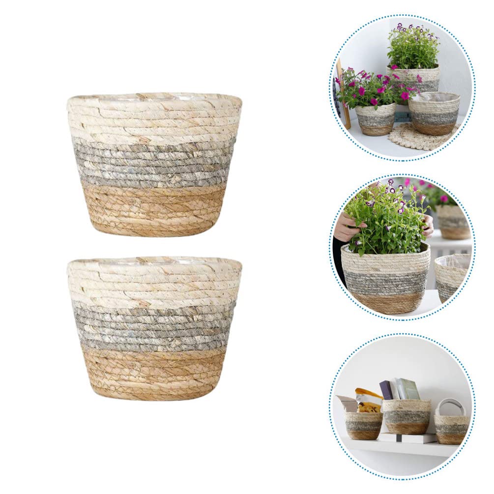 Operitacx Handmade Sea Grass Plant Basket 2 Pack Decorative Flower Holder Baskets for Home