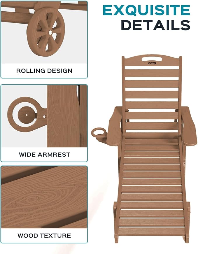 Outdoor Chaise Lounge Chair Set of 2, Patio Lounge Chairs for Outside, HDPE Lounge Chair with Wheels & Cup Holder, Poly Chair with 5 Position for Poolside, Deck, Brown