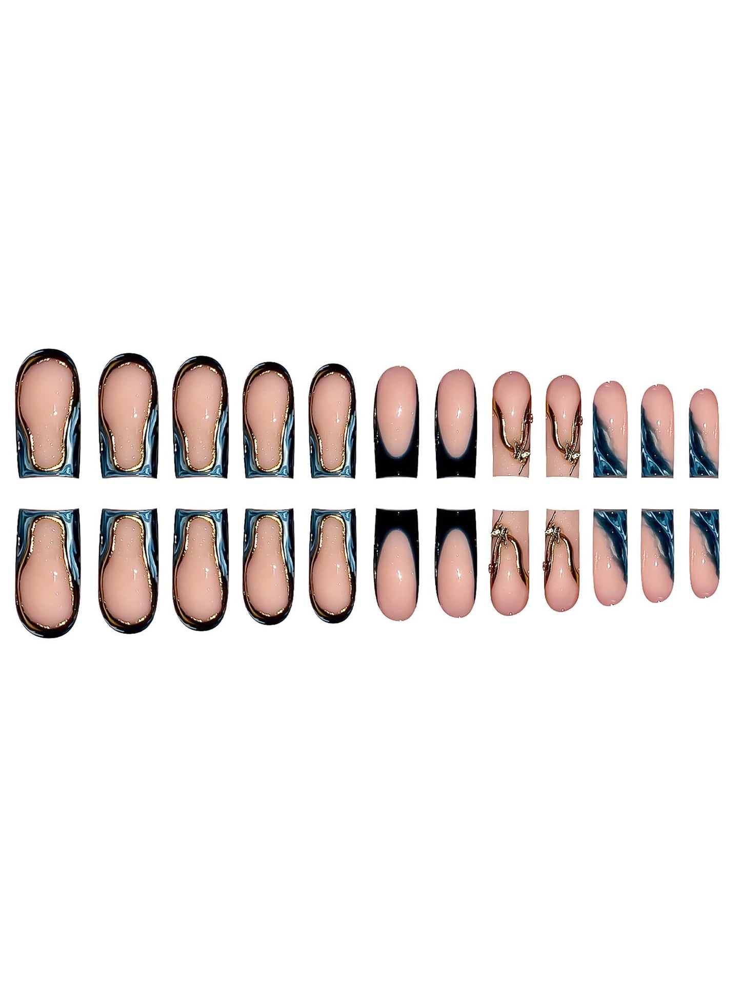 RUOKEXIN Long Square Press on Nails French Tip Fake Nails Gold Ombre False Nails with Designs Sparkly Artificial Nails Long Nail Press ons Cute Stick on Nails for Women 24Pcs