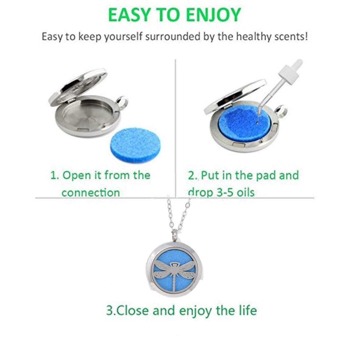 Aromatherapy Essential Oil Diffuser Stainless Steel Silver 30 MM Magnetic Locket Pendant 2 Sizes Chain Necklace, Refill Pads & Diffuser Bracelet in a Velvet Bag (Dragonfly)