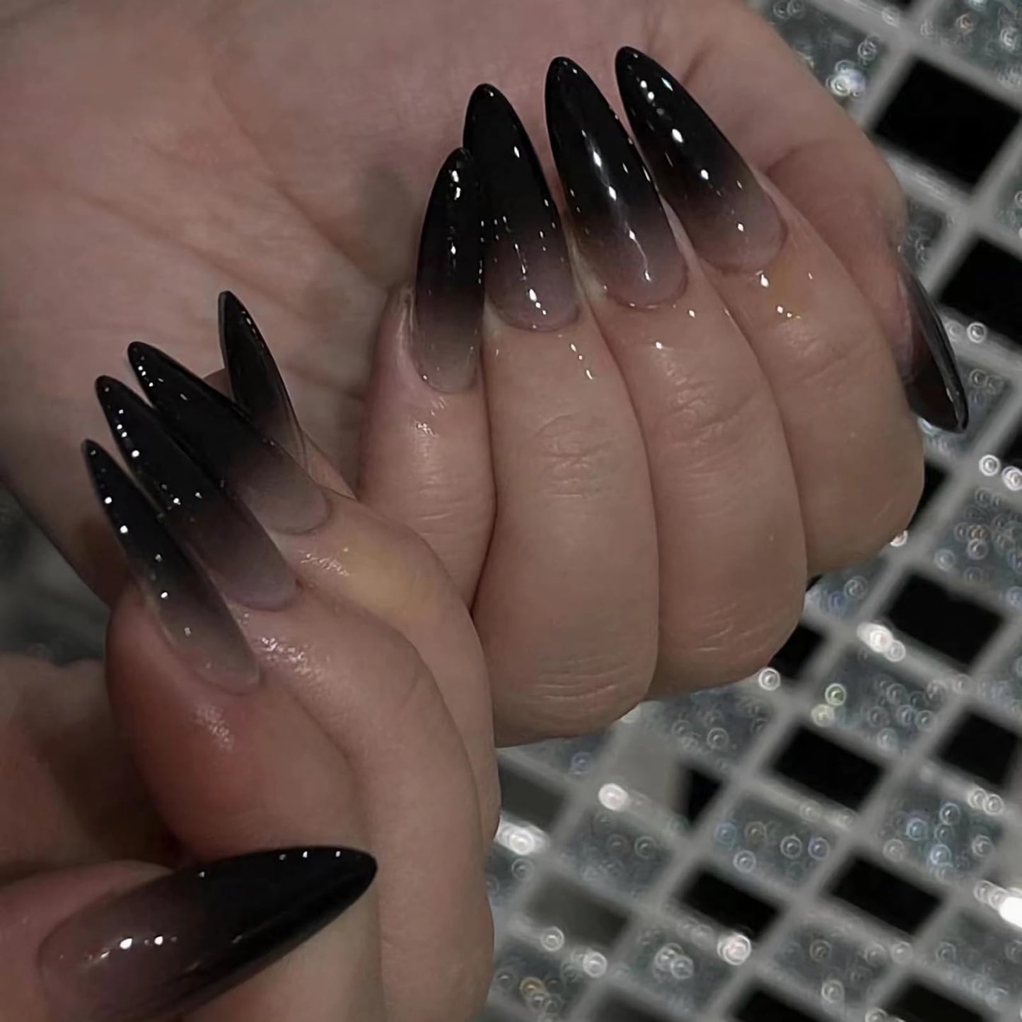 MISUD Press on Nails - Medium Almond Glue on Nails with Goth Black, Acrylic Gothic Design 24 pcs