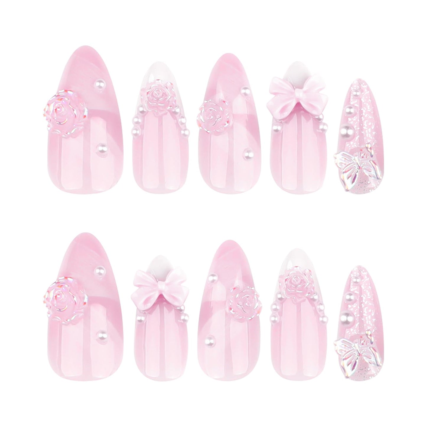 24 Pcs White French Tip Press on Nails Almond Medium Fake Nails with Glue Cute Pink False Nails with 3D Flower Bow Design Handmade Nails Glossy Holiday Glue on Nails Reusable Stick on Nails for Women