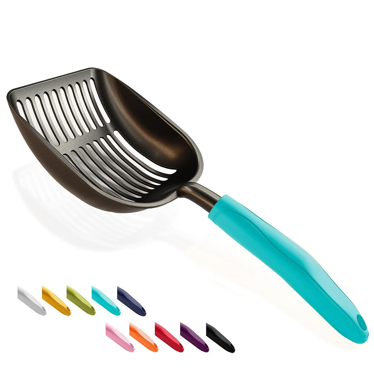 WePet Cat Litter Scoop, Non-Stick Plated Aluminum Alloy Sifter, Kitty Durable Metal Scooper, Deep Shovel, Long Handle, Kitten Pooper Lifter, Size Large, Coated Black Body with Pink Handle