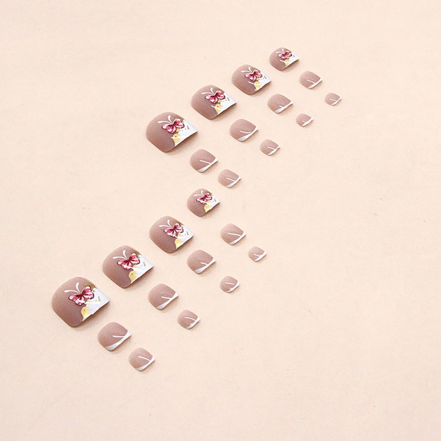 Press On Coffin Toenails with Butterfly Designs, Full Cover Reusable False Nails with Glue, Artificial Acrylic Fake Nails for Toe, Glue on Toenails with Charm, Stick on Toe Nails for Women (F097)