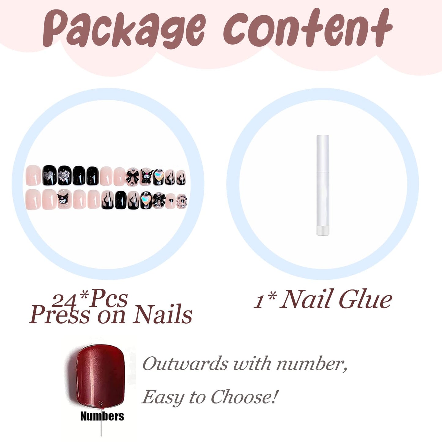 BABALAL Press on False Nails Short Square Fake Nails Black Goth Glue on Acrylic Anime Charm Cute Y2k Design Bow Heart Handmade Supplies 24Pcs Luxury Full Cover Kawaii Nails