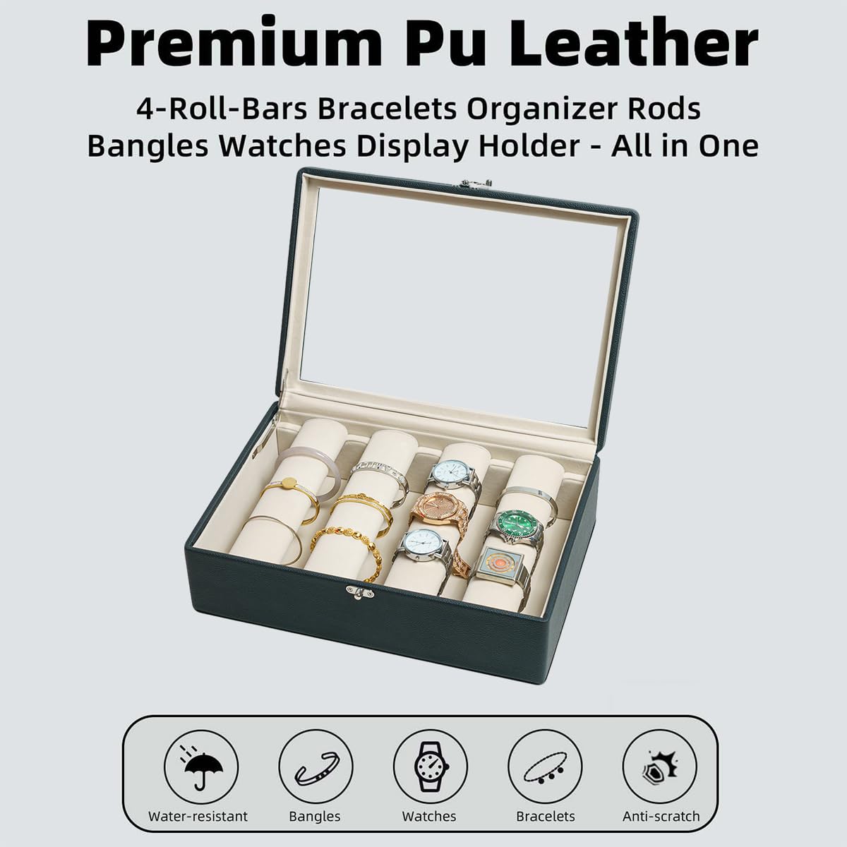 OrizeGe Jewelry Box with Glass Lid Bracelet Holder PU Leather for 4 Rods Beige Velvet Watch Case for Women