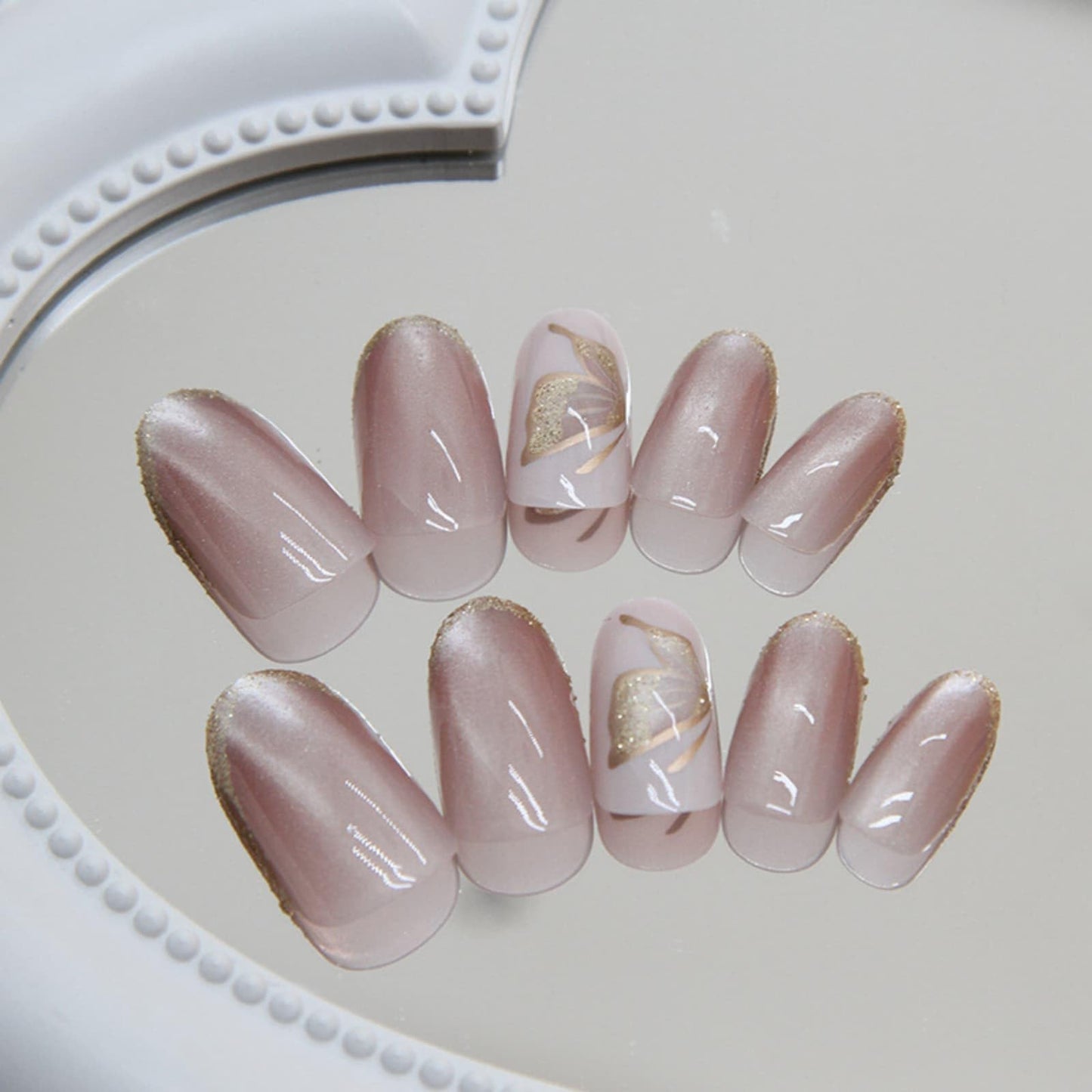 Short Almond Press on Nails Sparkly Butterfly Fake Nails Nude Pink with Butterfly Glitter Design Glossy Full Cover Acrylic Nails Reusable Stick on Nails Glossy Artificial Nails for Women
