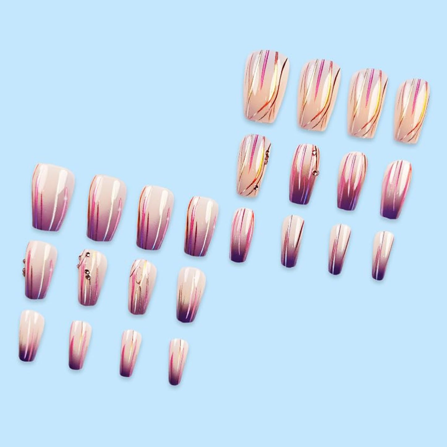 24 Pcs Magic Purple Gradient Press on Nails Medium Square Fake Nails Sparkly Curve Line with Diamonds Design False Nails Purple Gradient Acrylic Stick on Nails Glossy for Women Manicure Decoration
