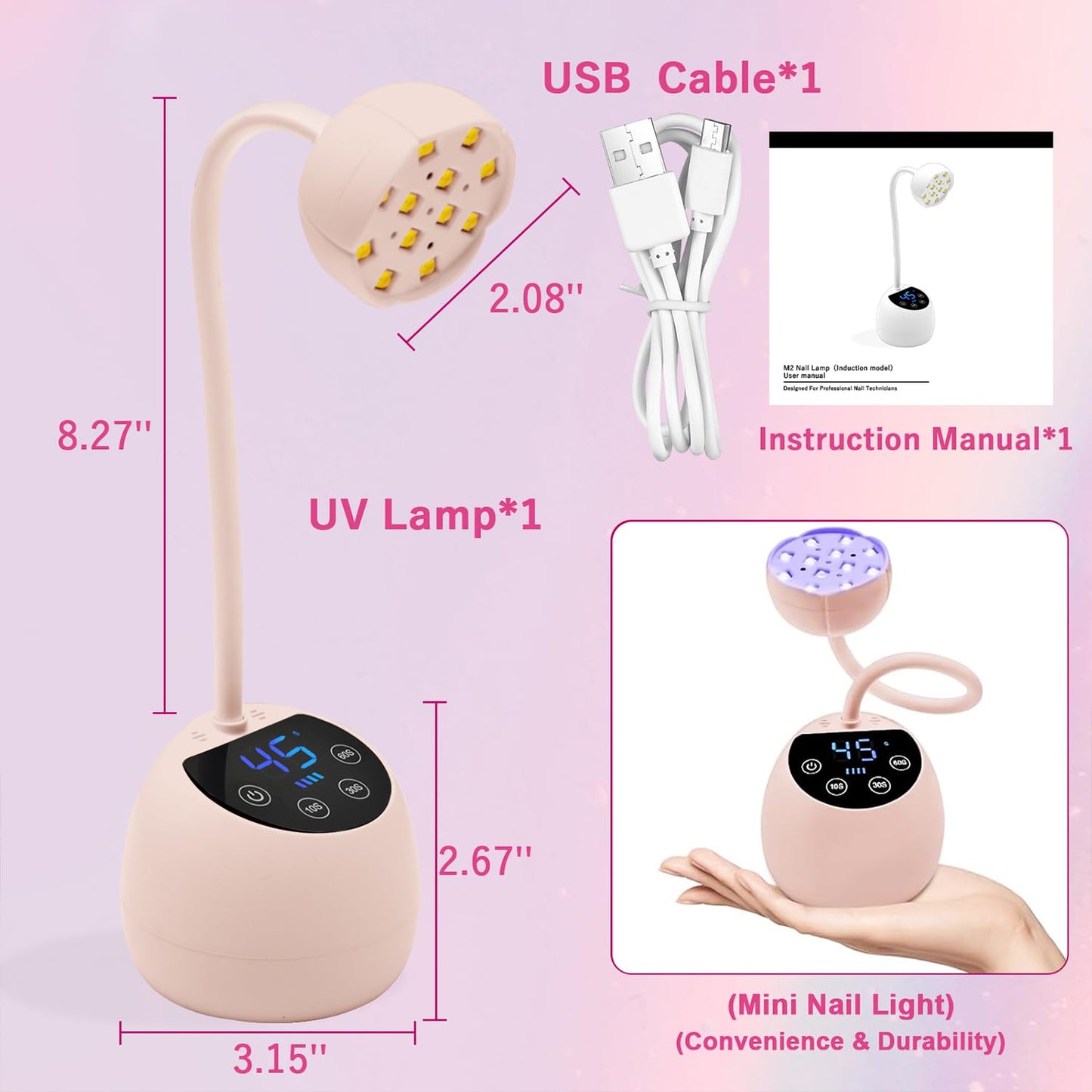 CGBE UV LED Nail Lamp, 36W Mini Cordless Flash Cure Lamp, USB Rechargeable Goosenecks LED Nail Light for Gel Nails with 4 Timers & Auto Sensor for Salon Home DIY Use, Pink