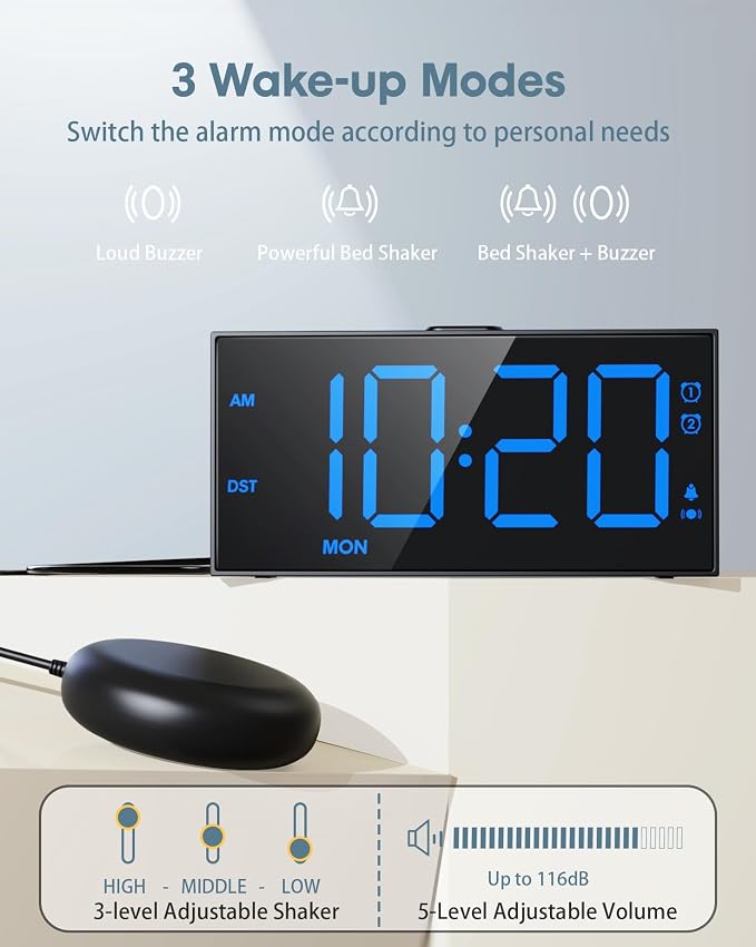 Vibrating Alarm Clock with Bed Shaker for Heavy Sleepers, Weekday/Weekend