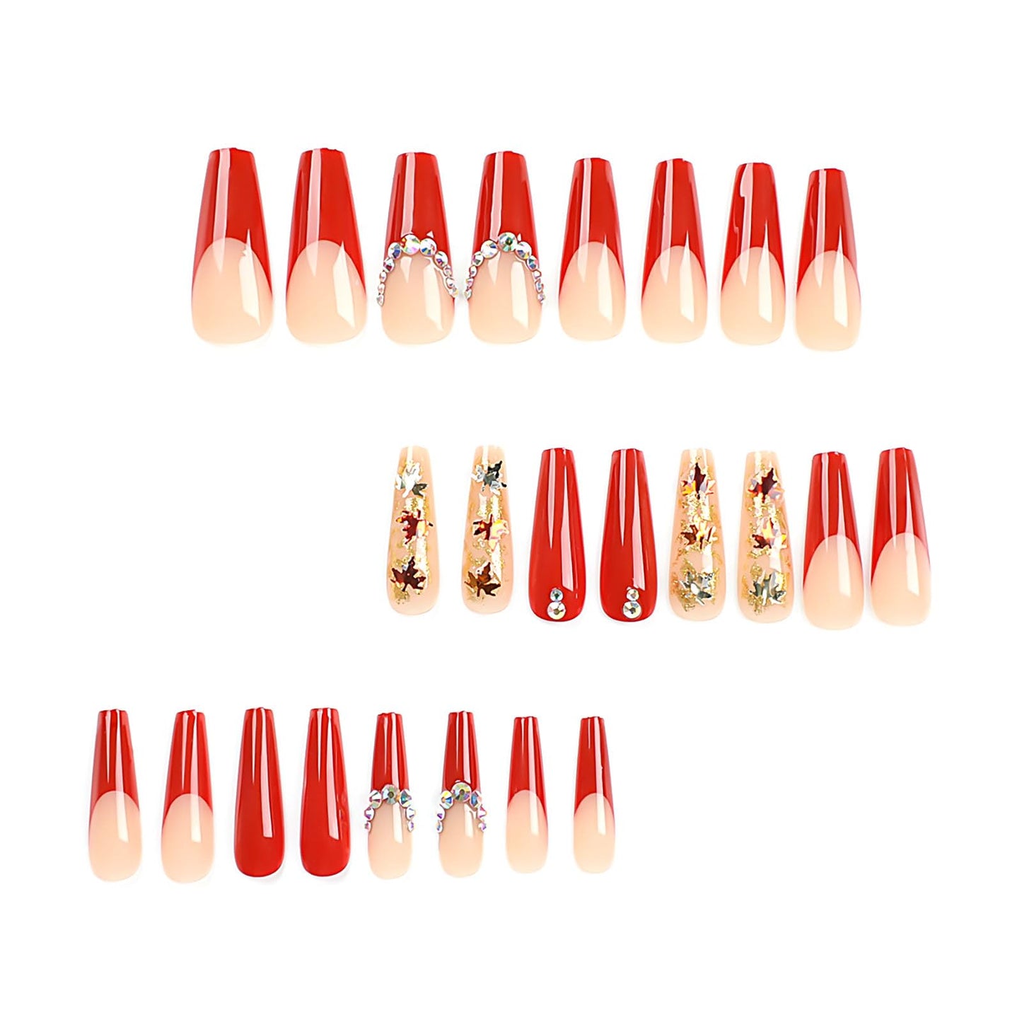 RTKHFZE Fall Press on Nails Long,Coffin Fake Nails with Glitter Fall Maple Leaves and Rhinestones Designs Acrylic Nails Red French Full Cover False Nails Stick on Nail for Women Manicure 24Pcs