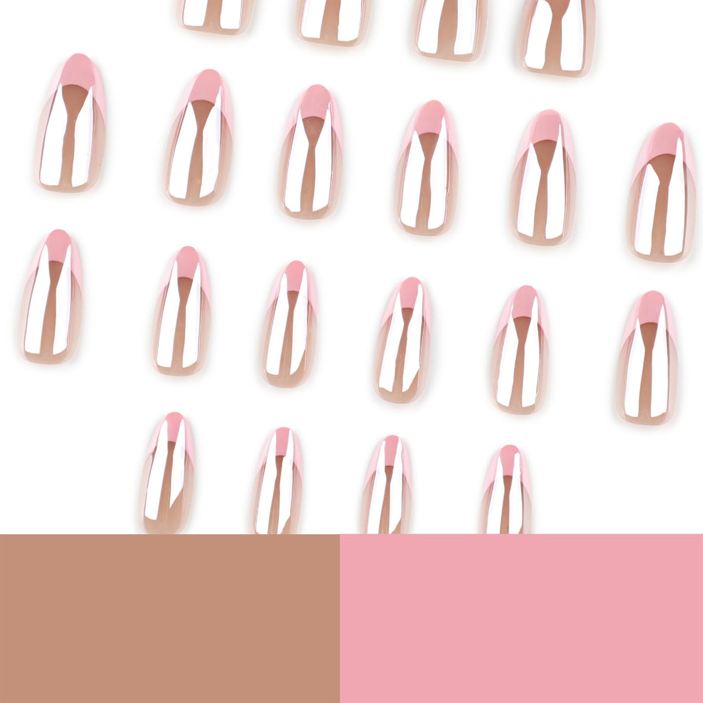 IMSOHOT Chrome Press on Nails Medium Almond Fake Nails Acrylic Pink French Tips False Nails Full Cover Glossy Nude Glue on Nails for Women 24Pcs