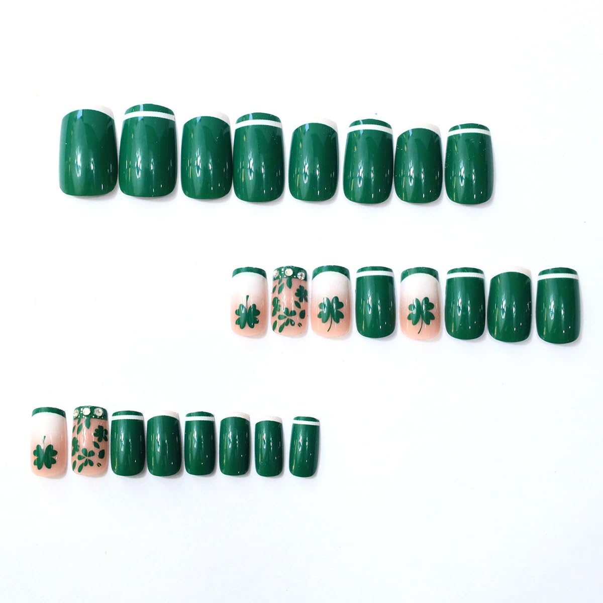 24Pcs St. Patrick's Day Press on Nails Short Square QUNQINLI Green Fake Nails with Four-Leaf Clover Rhinestones Designs White Nails Press ons Glossy Full Cover French Glue on Nails for Women
