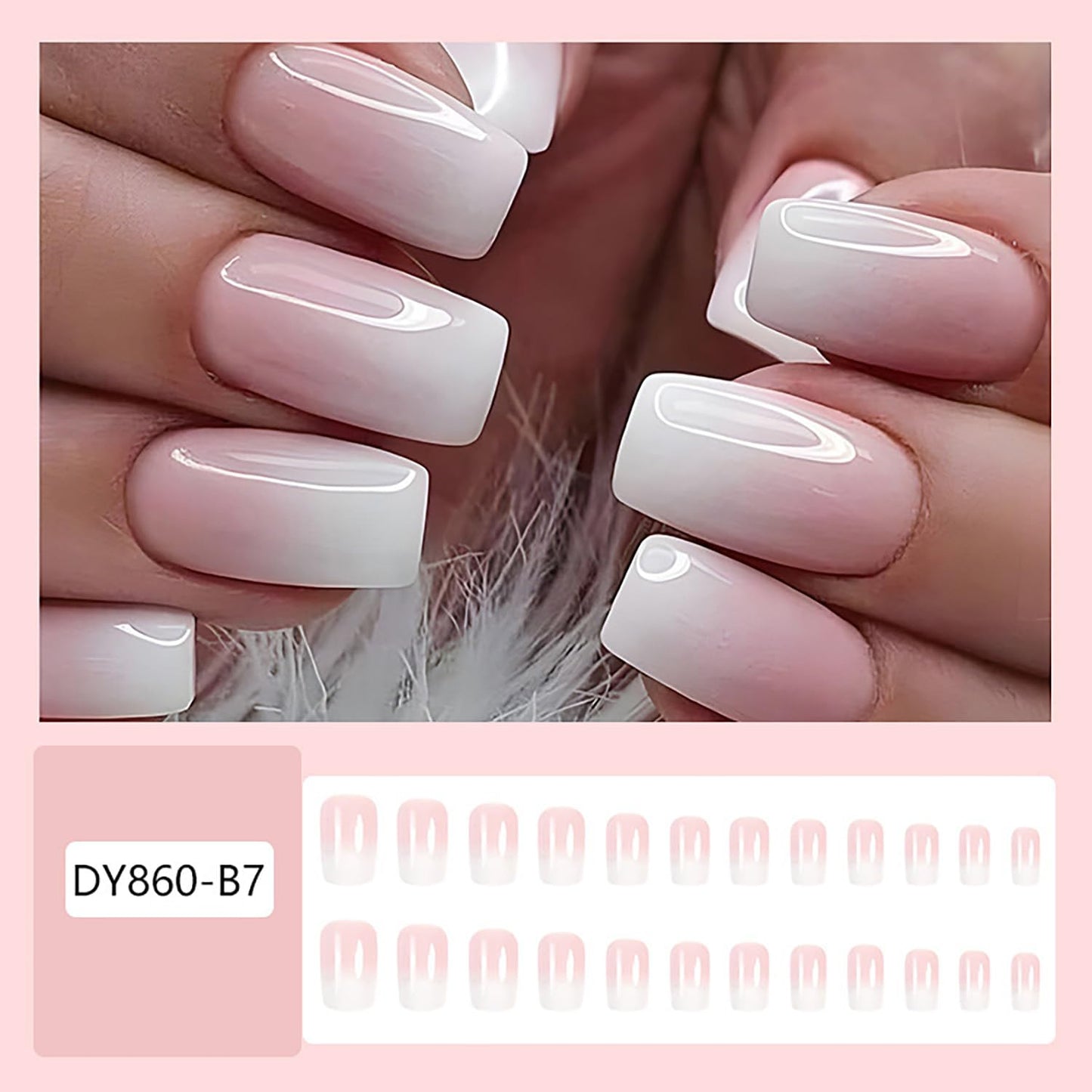 Pink Press on Nails Square Medium 24Pcs Glossy Full Cover Artificial French Tips Fake Nails with Designs Reusable Coffin Acrylic False Nails Glue Stick on Fingernails with Charm for Women