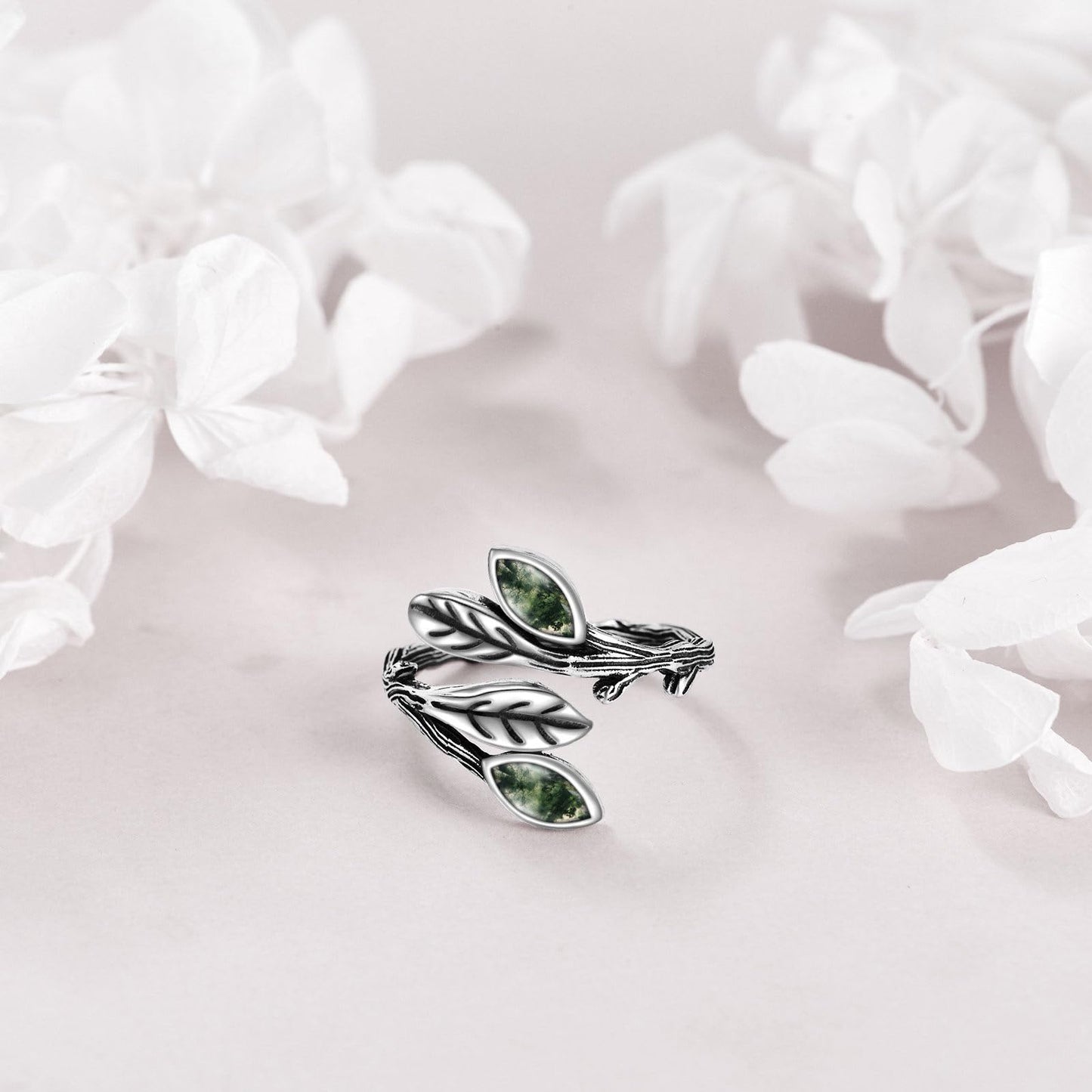 POPLYKE Leaf Moss Agate Ring Sterling Silver Boho Adjustable Open Ring Green Gemstone Spoon Ring Vintage Thumb Rings for Women