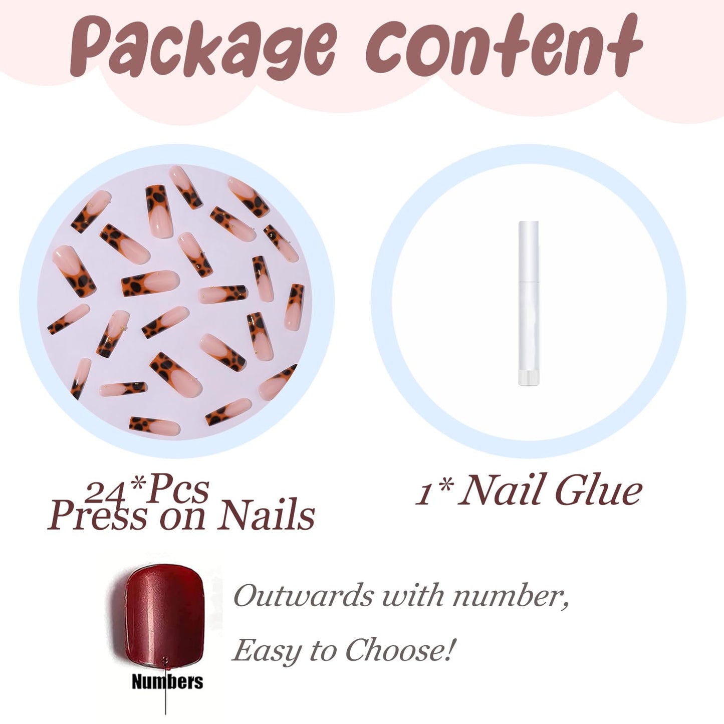 BABALAL Square Press on Nails Long Fake Nails Brown French Tip Glue on Cheetah Design Fall Acrylic Nails 24Pcs Manicure Ombre Squoval Stick on Full Cover False Nail
