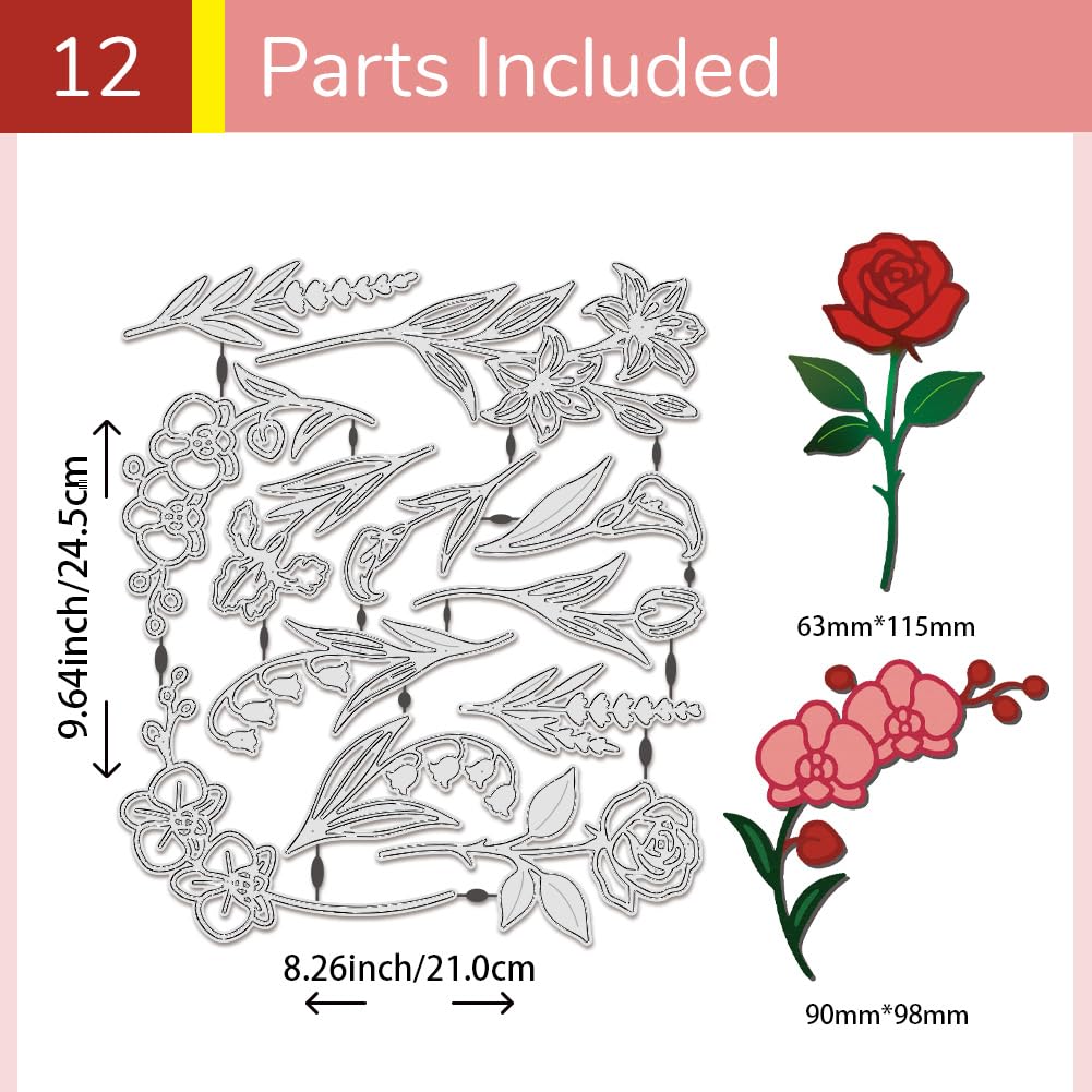 UNICRAFTALE 12pcs Long Flower Arrangement Cutting Die for Card Making Reusable Carbon Floral Theme Embossing Stencils Template Die Cut for DIY Scrapbooking Album Craft Decor 8.27x9.65Inch