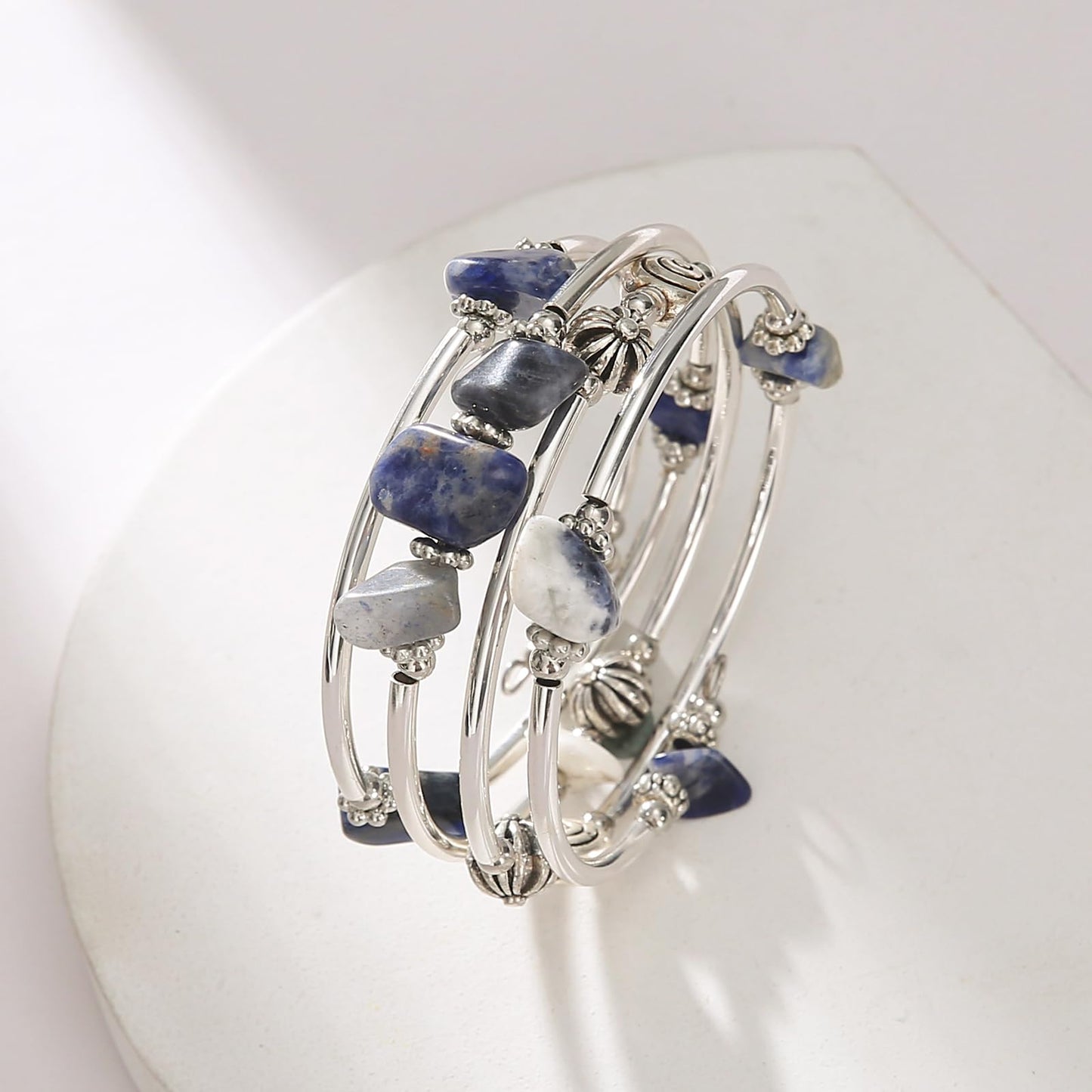 FULU AUTUMN Stone Silver Bangle Wrap Bracelet Boho Turquoise Crystal Chips Bead Bracelets Fashion Jewelry Birthday Gifts for Women(19-Blue)