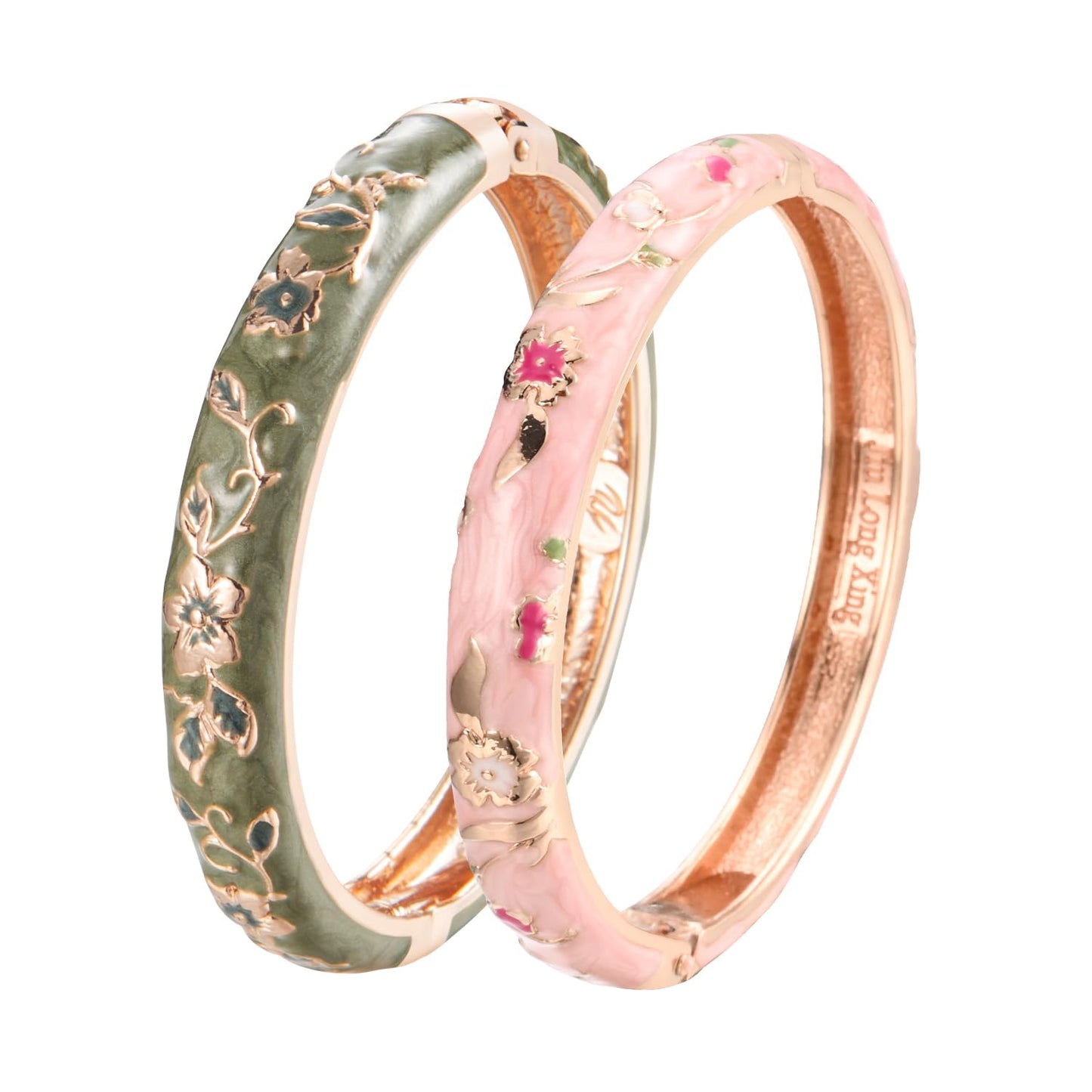 UJOY Elegant Bracelet Plated Enameled Jewelry Spring Hinge Metal Cuff Cloisonne Bangles Set Gift Box Packed 55A82-55A111 Green Pink