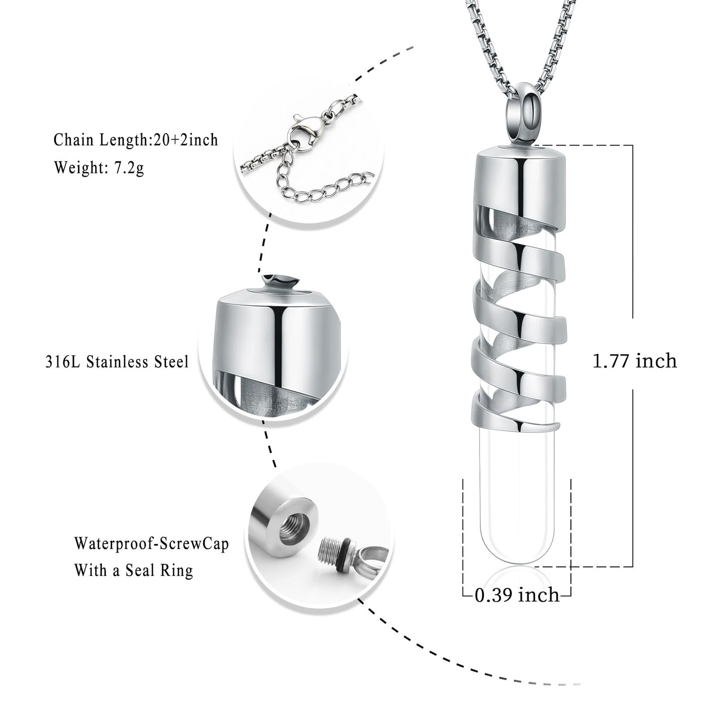 Oinsi Clear Glass Tube Cremation Urn Jewelry Ashes Holder Necklace Keepsake Memorial Pendant Including Box/Fill Kits (Silver Tone)