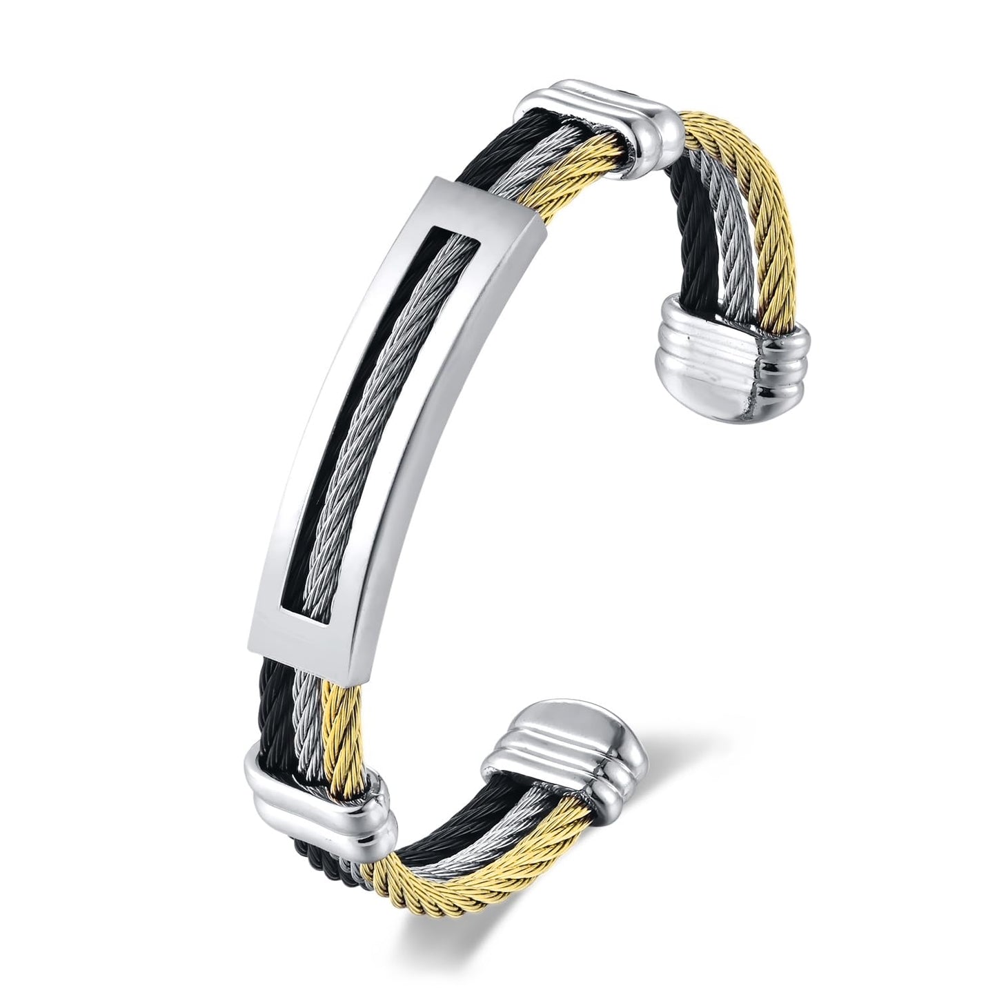BIYONGDE Mens Stainless Steel Twisted Cable Cuff Bracelet, Open Bangle Bracelet for Unisex, Classic and Urban Style (Silver Black and Gold)