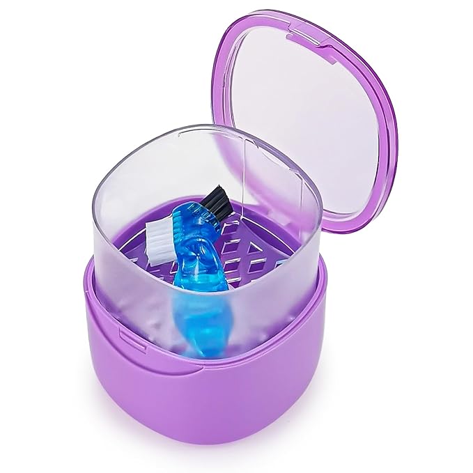 Purple Denture Cup Denture Bath Box Case with Lid Leakproof, Denture Holder Case Retainer Cleaning Container Mouth Guard Cleaner Case for Household, Travel, Office