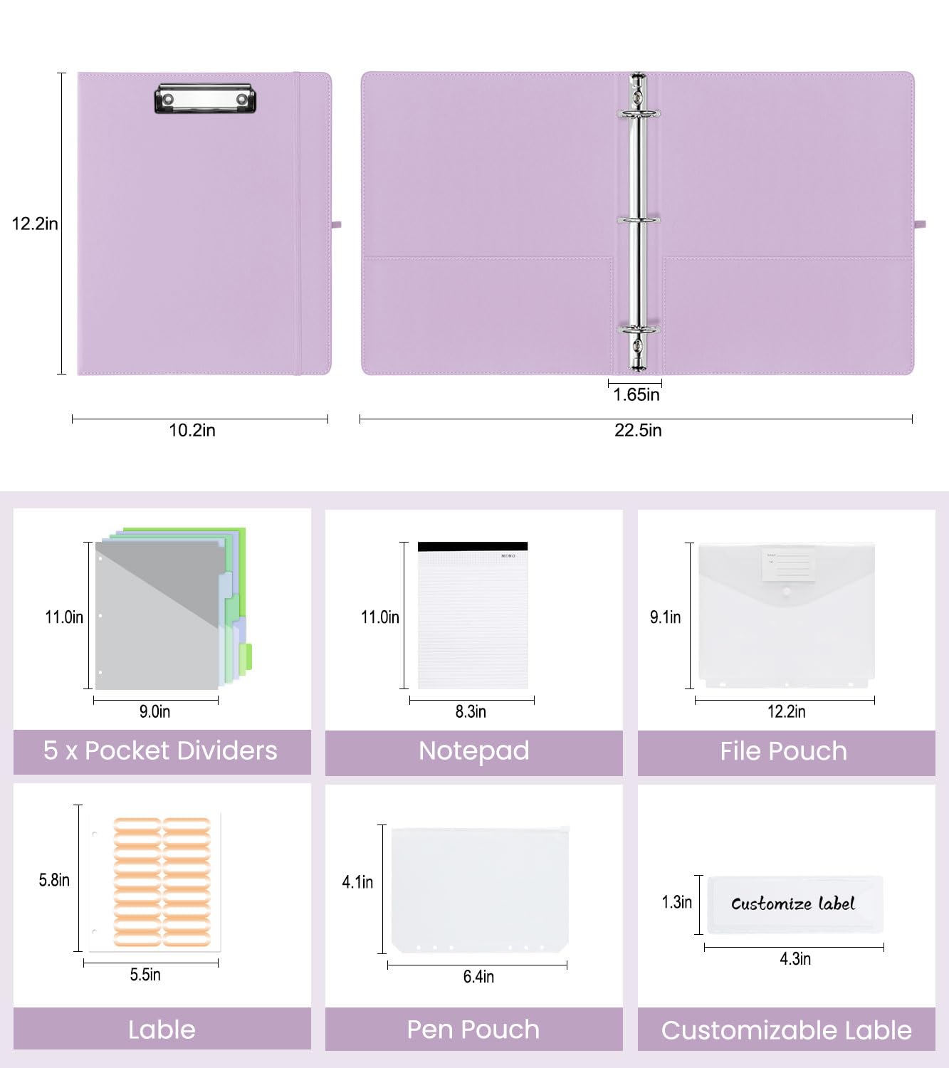 BVSSX 3 Ring Binder with Clipboard,1 Inch Binders with Notepad&5 Dividers with Pockets, Labels,PU Clipboards for School Office(Purple,Letter Size)