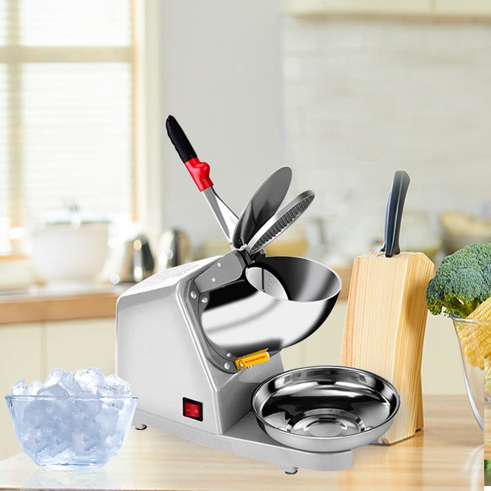 Yahpetes Electric Shaved Ice Machine 1Pcs Electric Dual Blades Ice Crusher Shaver Snow Cone Maker Machine 187lbs/hr for Home and Commercial Use (Silver)