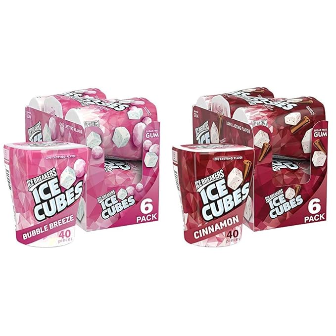 ICE BREAKERS Ice Cubes Bubble Breeze and Cinnamon Sugar Free Chewing Gum Bottles (6 Count, 40 Pieces)