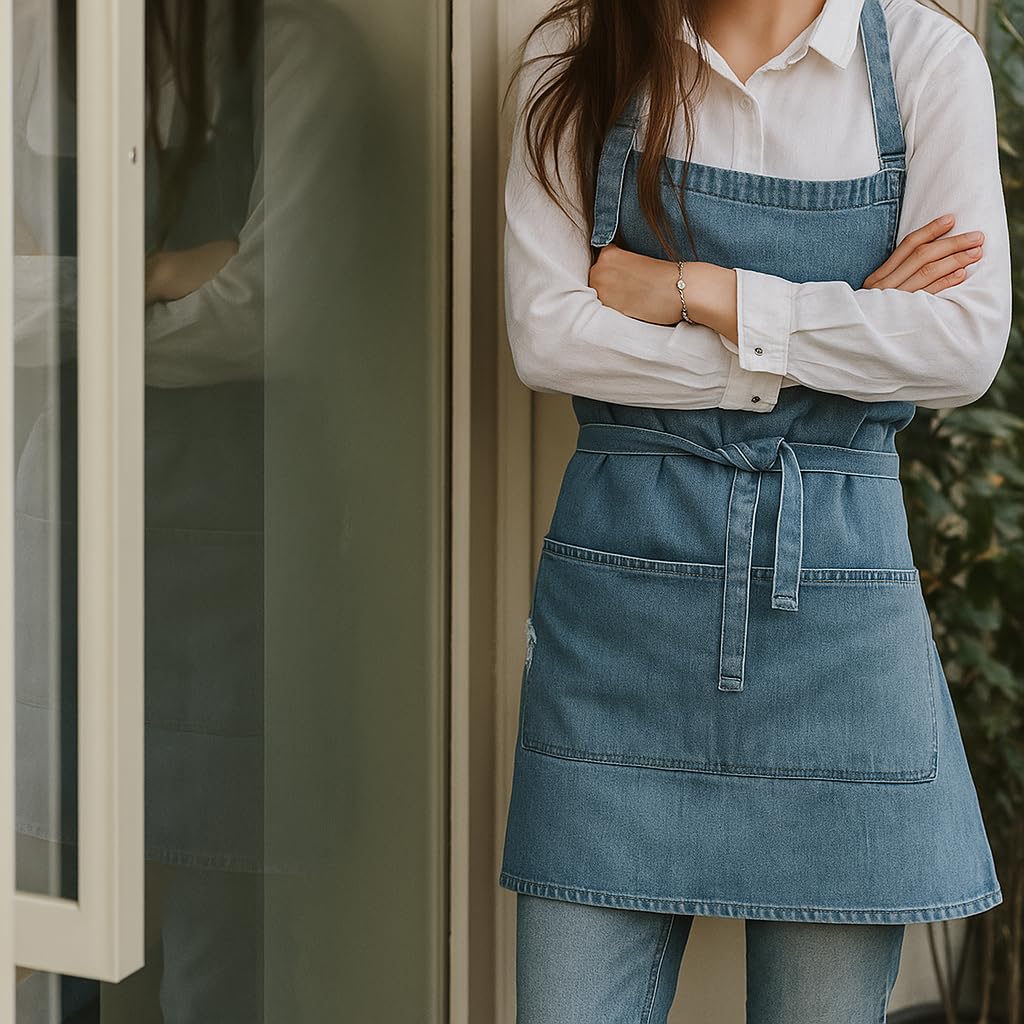 Jowcud Denim Apron With 5 Pockets for Cooking Kitchens,Hairstylist Aprons for Women Men,Adjustable Bib Jean Apron for Arts Gardening Cafes Bars Work