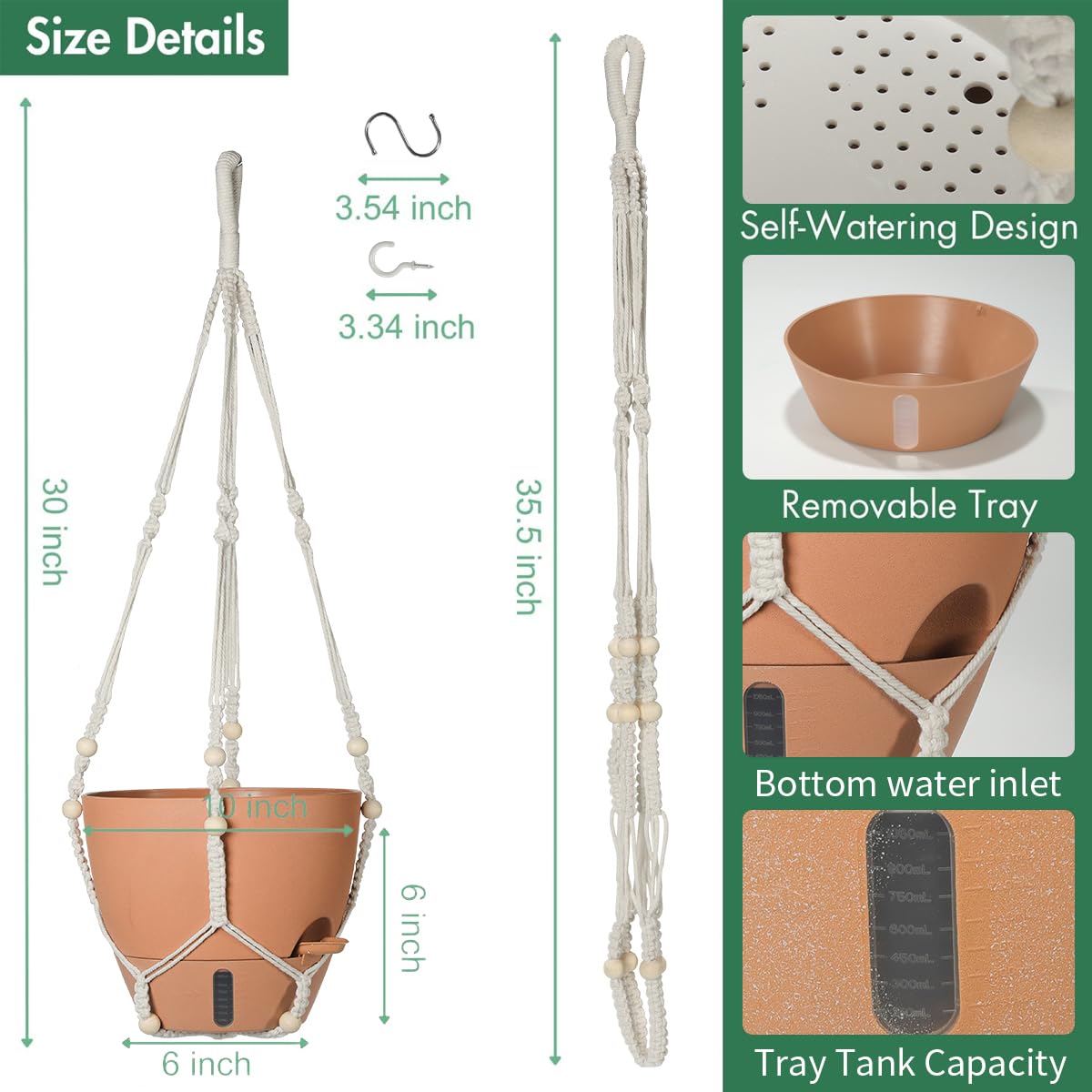 YUNLINGAA Self-Watering Hanging Planters for Indoor Plants Set 2-Piece Includes Plant Hanging Pot, Drainage-Hole Hanging Pot, and Hanging Basket Rack (Terracotta,10 Inches)