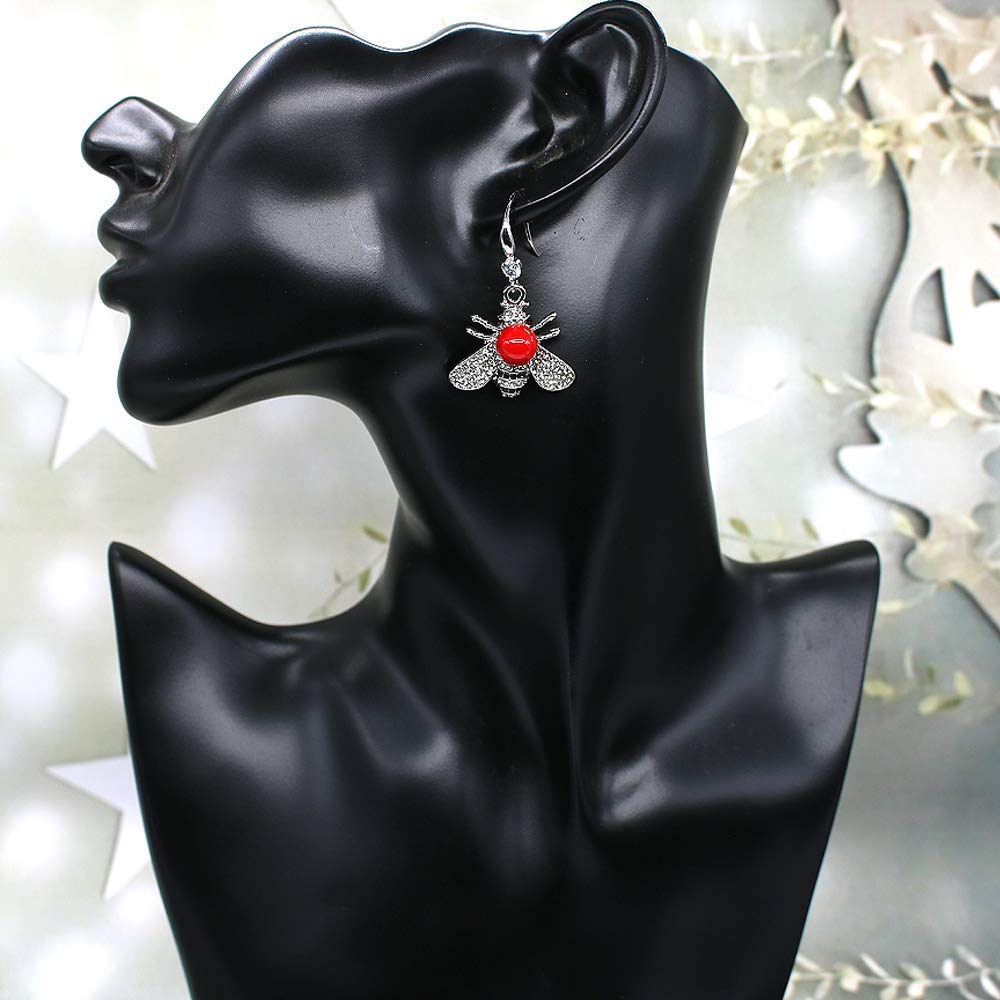 Honey Bee Drop Earrings Crystal Insect Themed Dangle Earring Animal Fashion Shell Pearl Hook Earring Platinum Tone for Women Jewelry (Platinum Red Pearl earring)