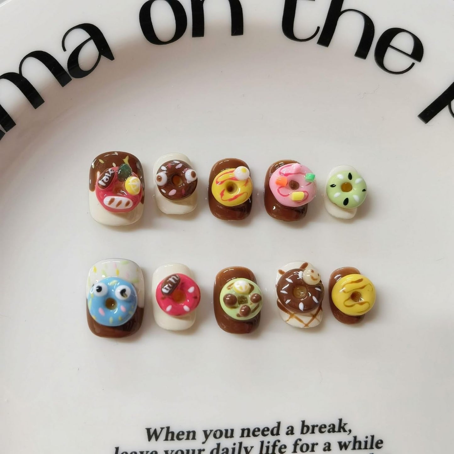 Cute Handmade Press on Nails Extra Short Square 3D Unique Reusable ABS Material Fake Nails Luxury False Nails with Designs Doughnut Dessert Art Glossy Glue on Nails Thick Acrylic Nails(S)