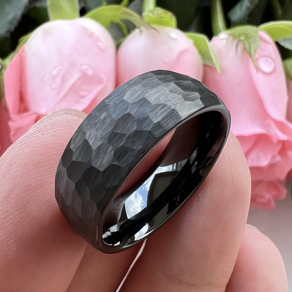 TUTISS 8mm Black Hammered Tungsten Carbide Rings for Men Women Engagement Wedding Bands Domed I Love You Engraved Comfort Fit Size 7