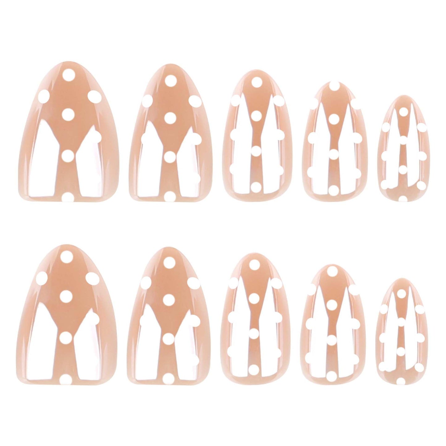 Chrome Polka Dot Press on Nails Short Almond Fake Nails Cute Nude Nails Press ons with White Dots Design,Full Cover Stick on Nails for Women Manicure,Reusable | Artificial | Easy Apply | 24Pcs