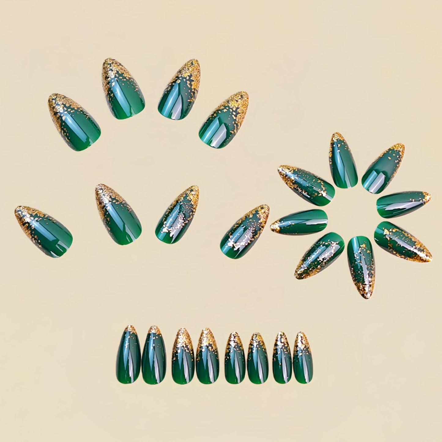 RUOKEXIN Almond Press on Nails Medium Fake Nails Gold Glitter False Nails with Designs Green Full Cover Nail Press ons Sparkly Artificial Nails for Women 24Pcs