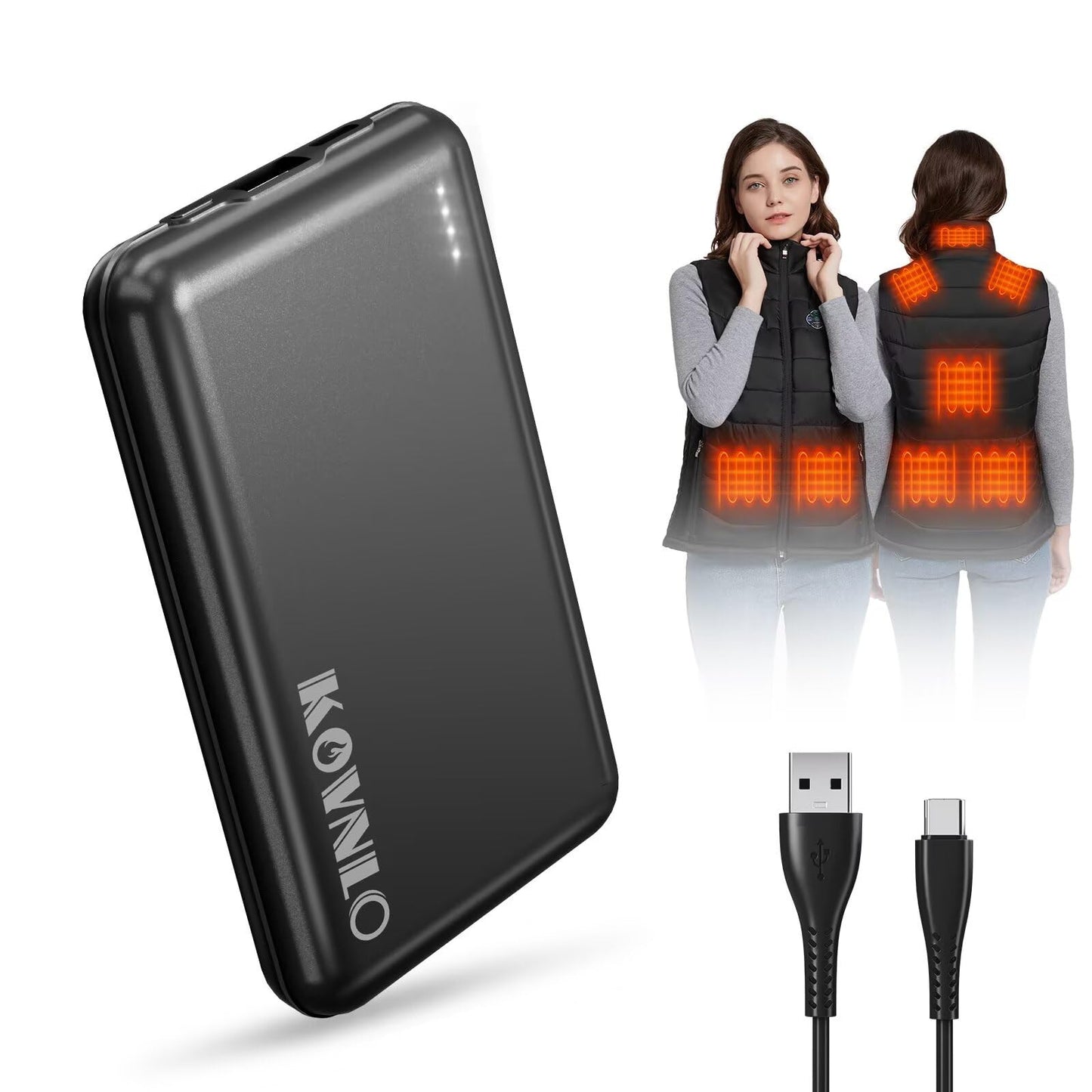 KOVNLO Battery Pack for Heated Vest, 5V 2A 10000mAh USB Power Bank with USB-C Charging Cable, Ultra Thin Portable Charger for Heated Jacket,iPhone, Android