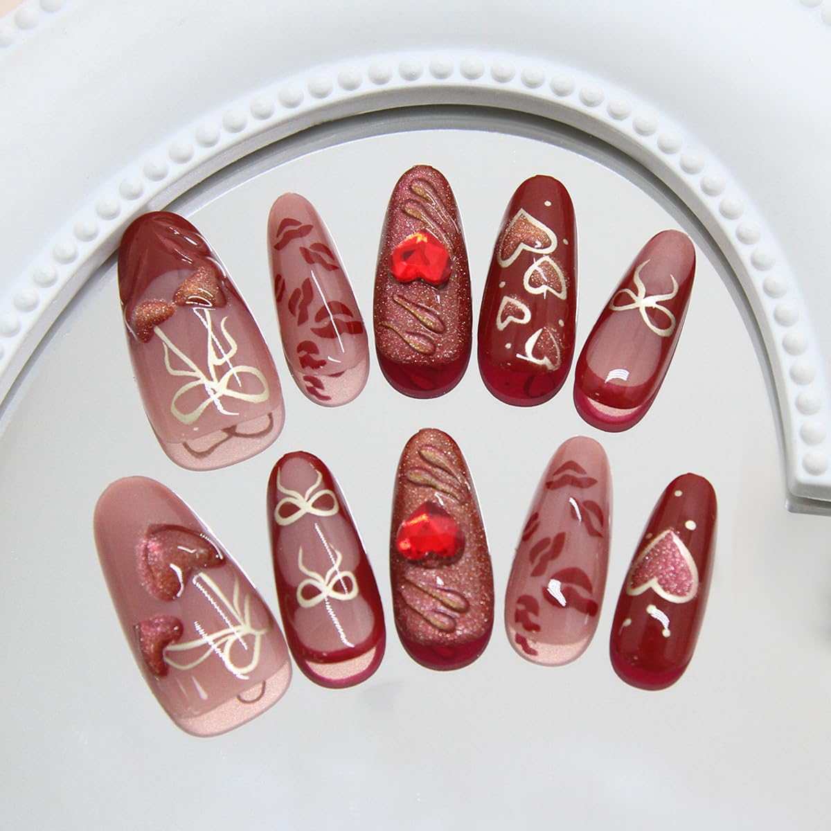 Mkwntg 30pcs Red Heart Press-On Nails with 3D Cherry Heart Rhinestones, Gold Bow Design, Full Cover, Easy Application, Valentines Nails