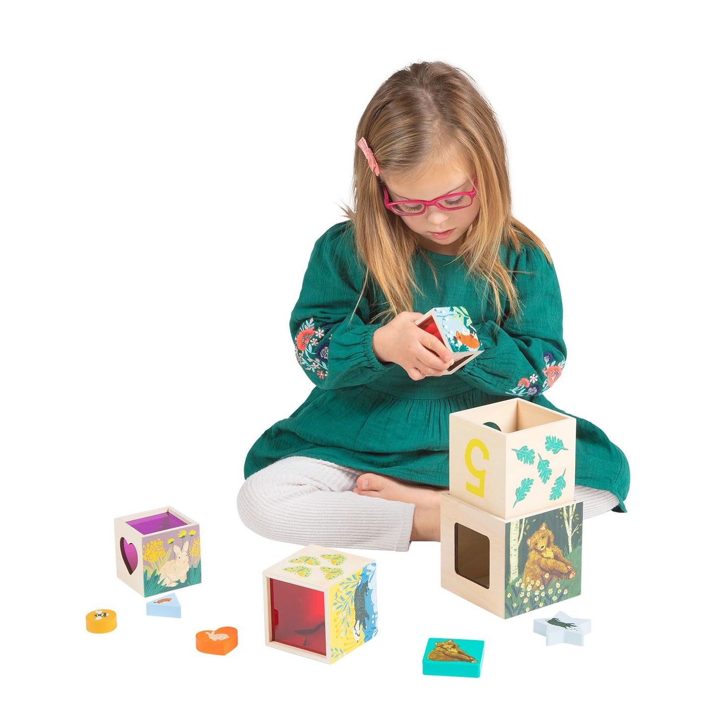 Manhattan Toy Enchanted Forest 12-Piece Wooden Stacking Counting Sorting Toy Blocks with Solid Wood Cutout Shapes