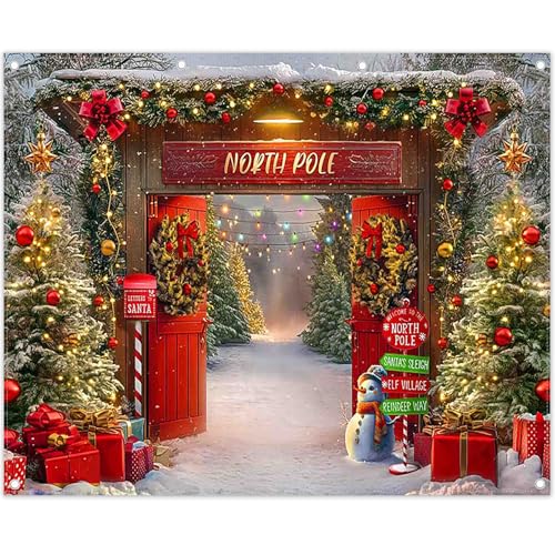 10x8ft Fabric Christmas Backdrop Winter Forest Wooden Barn Door North Pole Snowy Xmas Tree Photography Background Family Holiday Party Decor Photo Props - size: 10'x8'